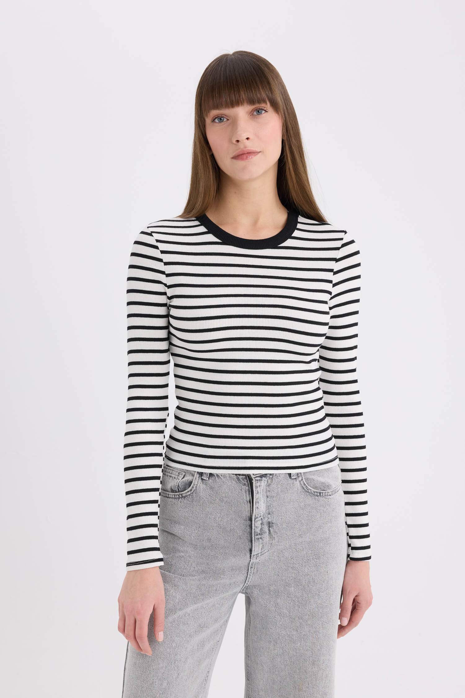 Slim Fit Crew Neck Striped Long Sleeve T-Shirt
