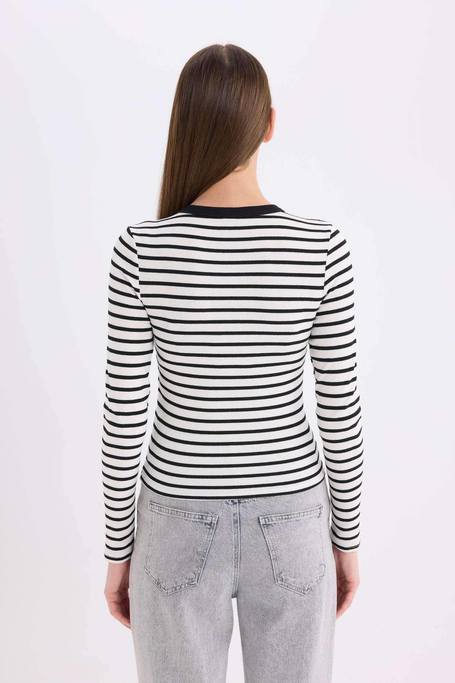 Slim Fit Crew Neck Striped Long Sleeve T-Shirt