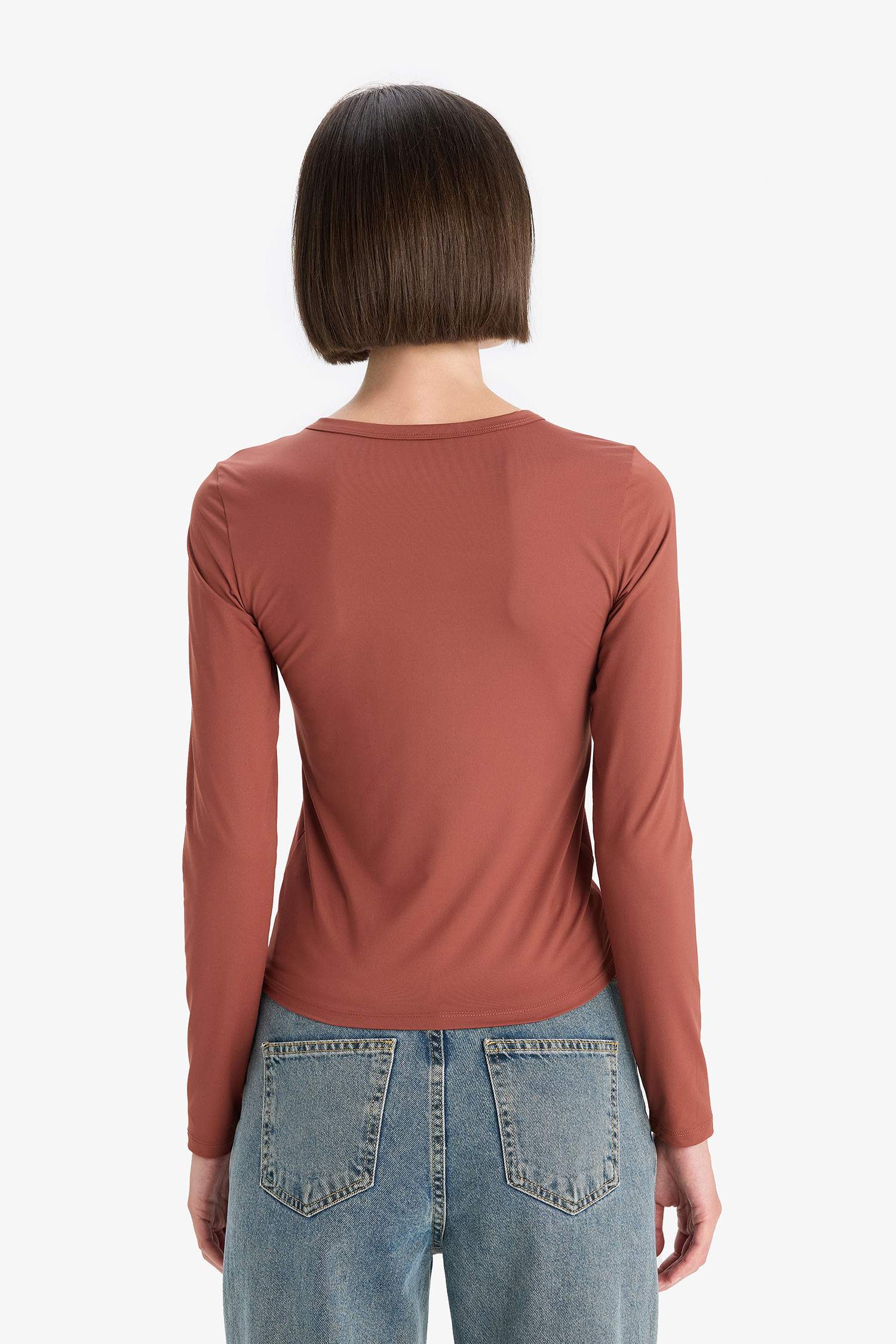 Slim Fit Dar Kesim Bisiklet Yaka Basic Düz Uzun Kollu Tişört