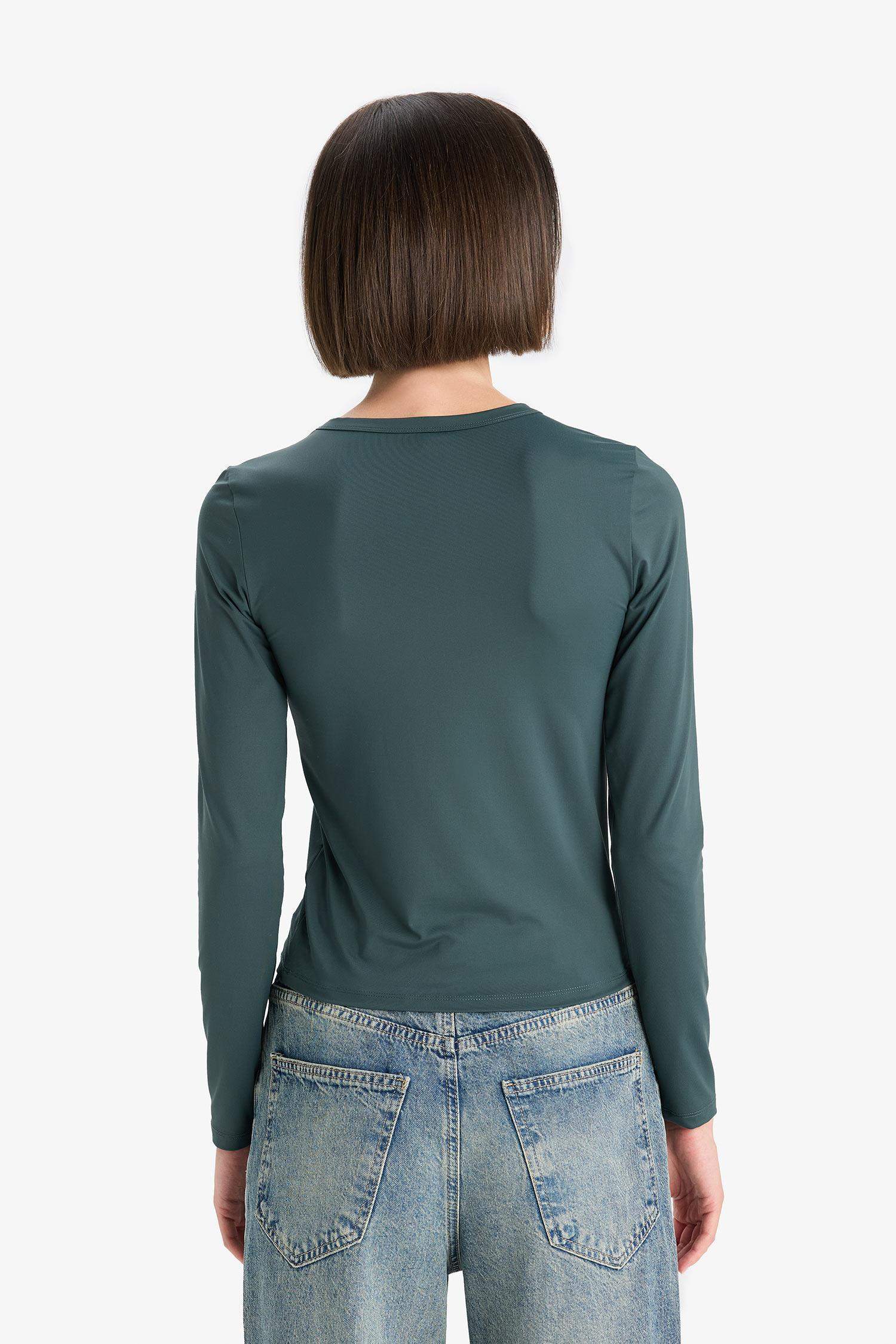 Slim Fit Dar Kesim Bisiklet Yaka Basic Düz Uzun Kollu Tişört