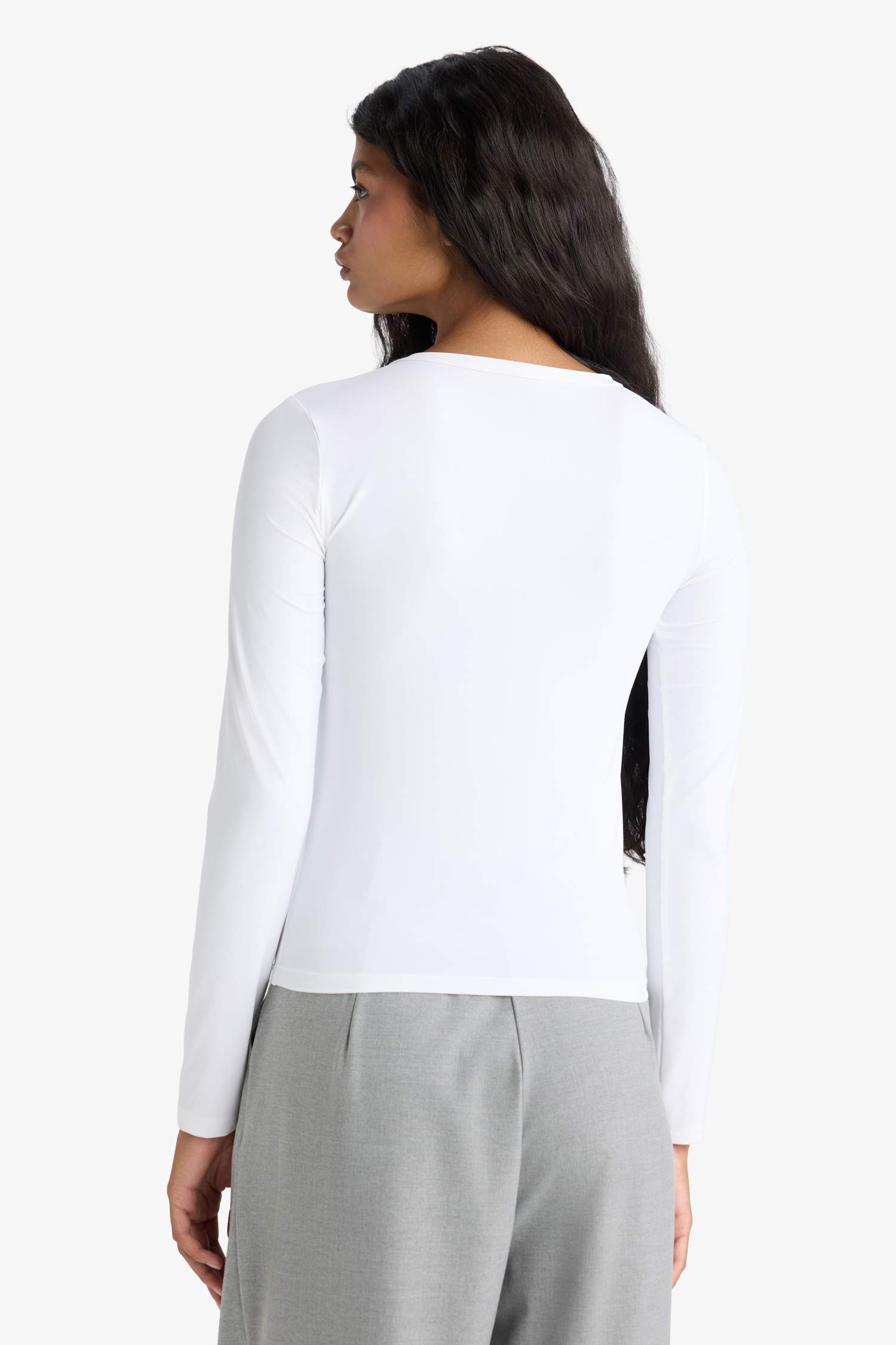 Slim Fit Dar Kesim Bisiklet Yaka Basic Düz Uzun Kollu Tişört