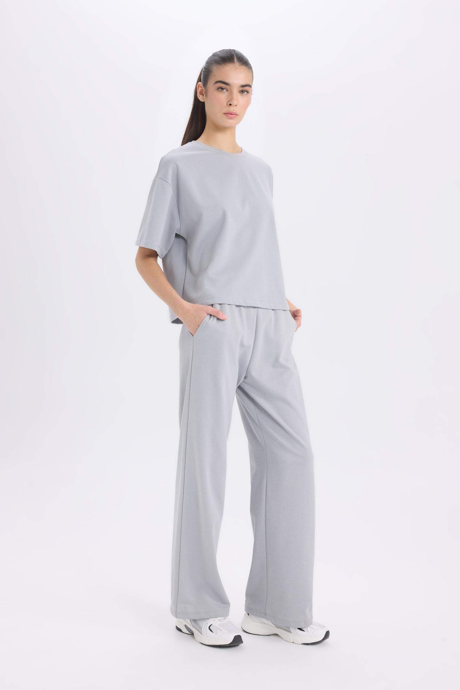 Wide Leg Geniş Paça Eşofman Altı Beli Lastikli Cepli Basic Düz