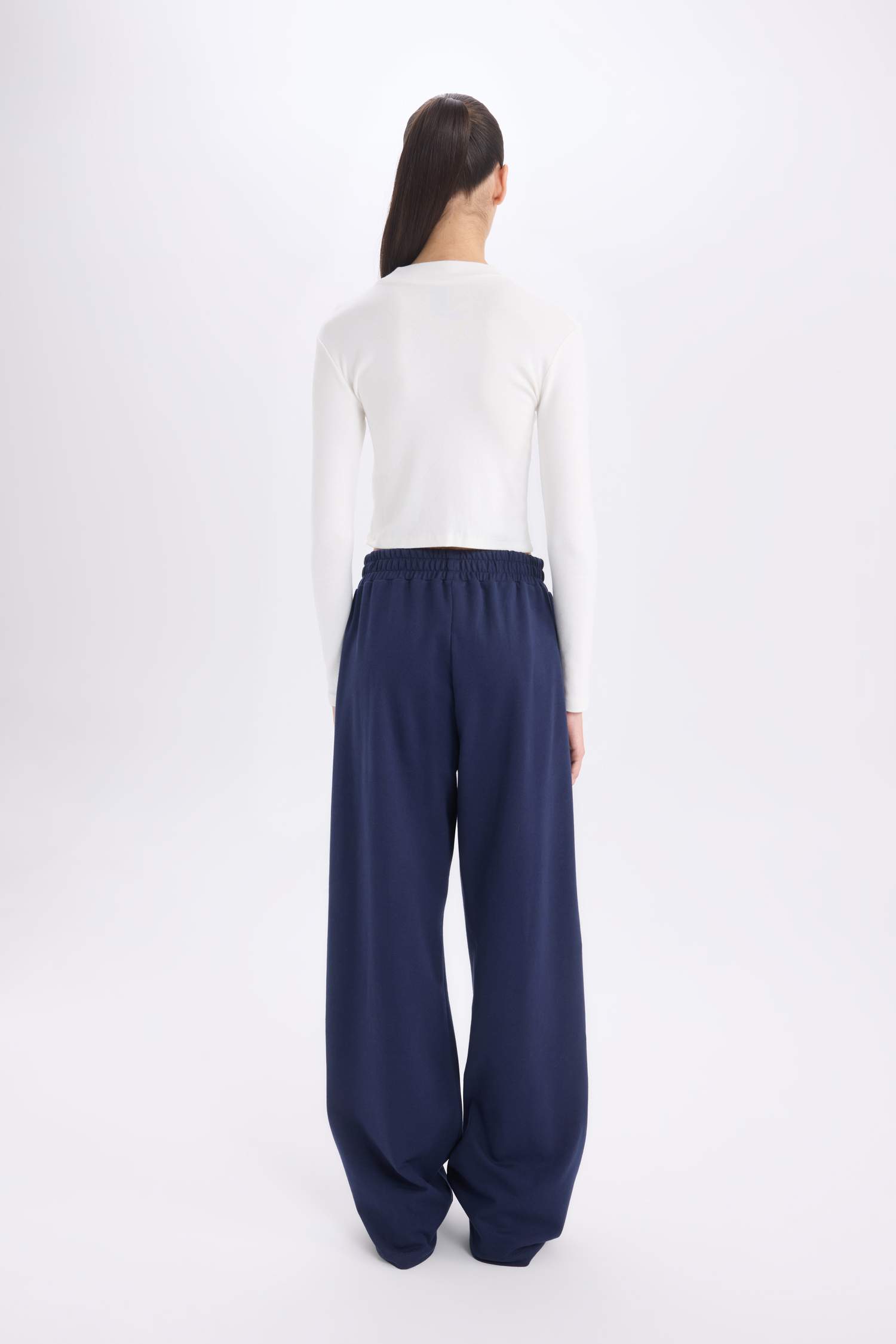 Wide Leg Geniş Paça Lacivert Eşofman Altı Beli Lastikli Cepli Basic Düz