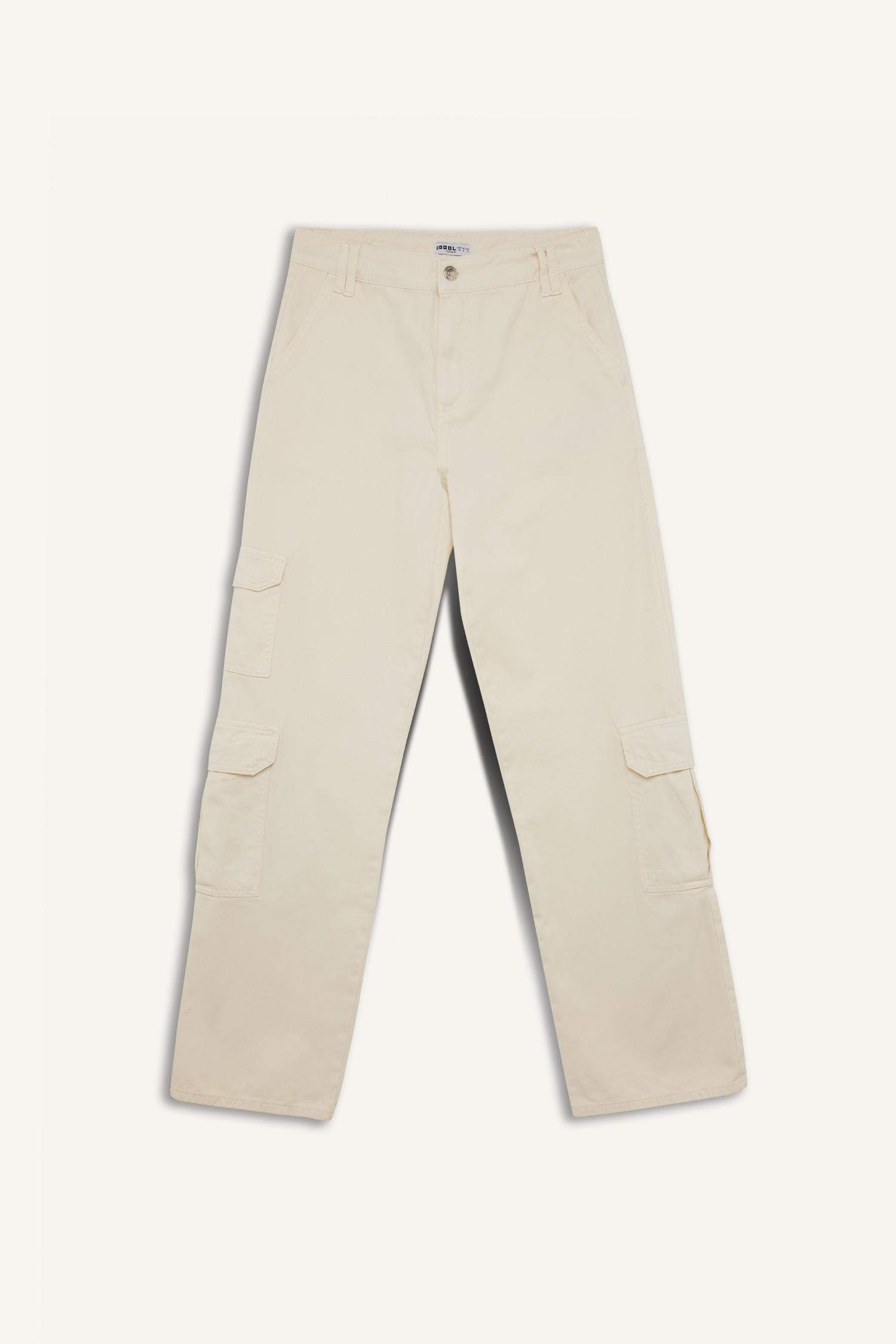 Straight Fit Gabardin Pantolon Kargo Cepli Normal Bel Düz Paça