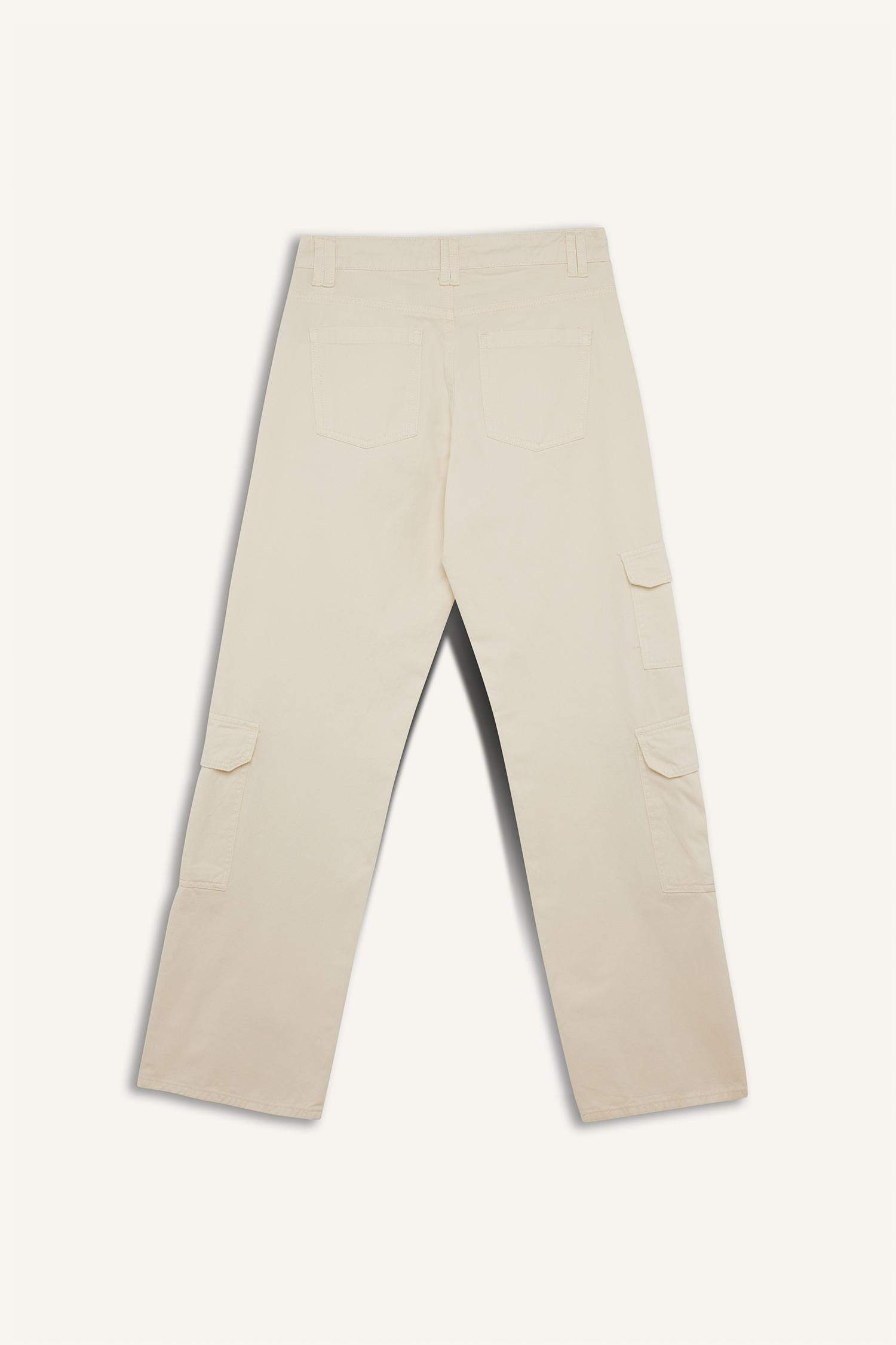 Straight Fit Gabardin Pantolon Kargo Cepli Normal Bel Düz Paça