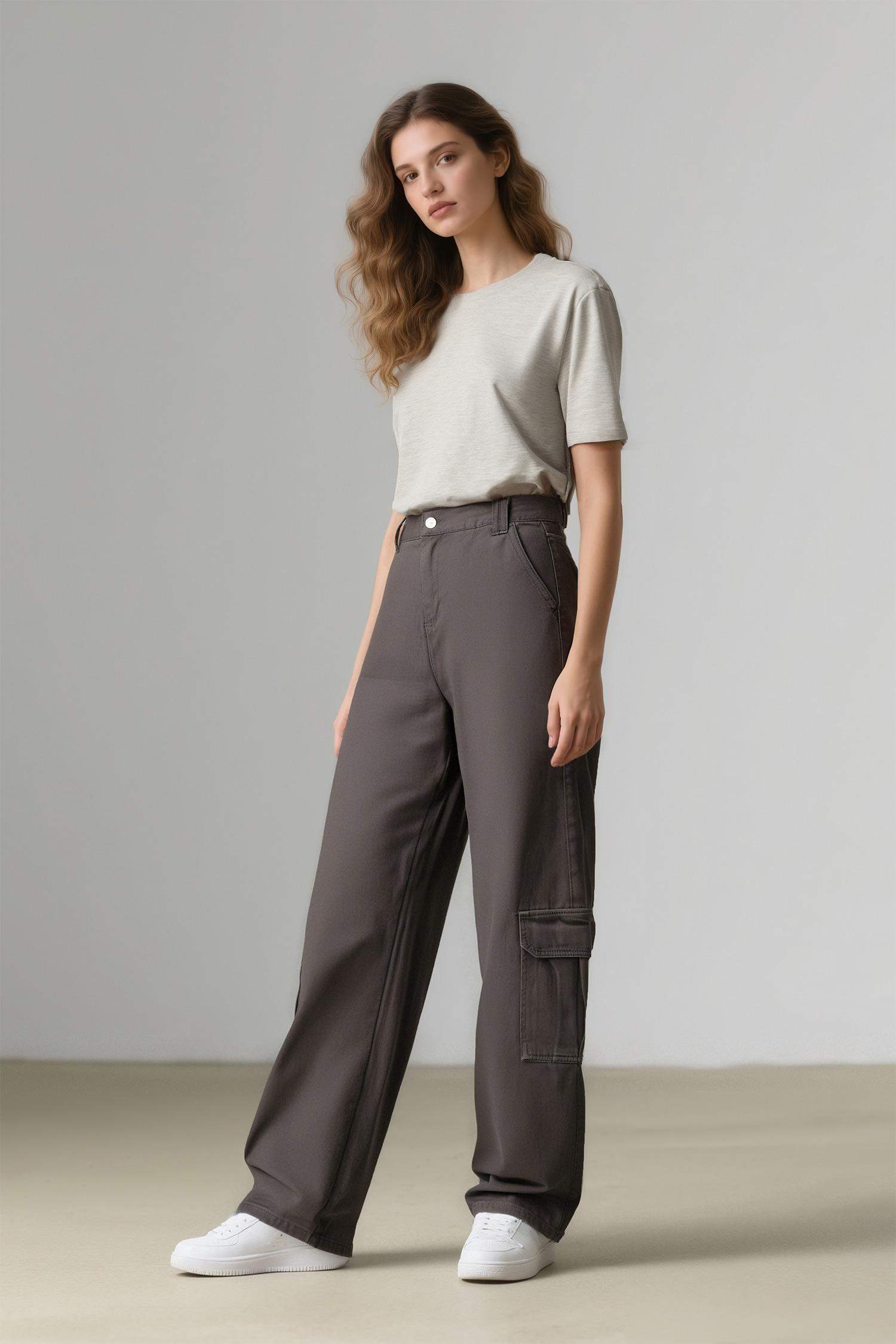 Pantalon Cargo en Gabardine droit à taille normale