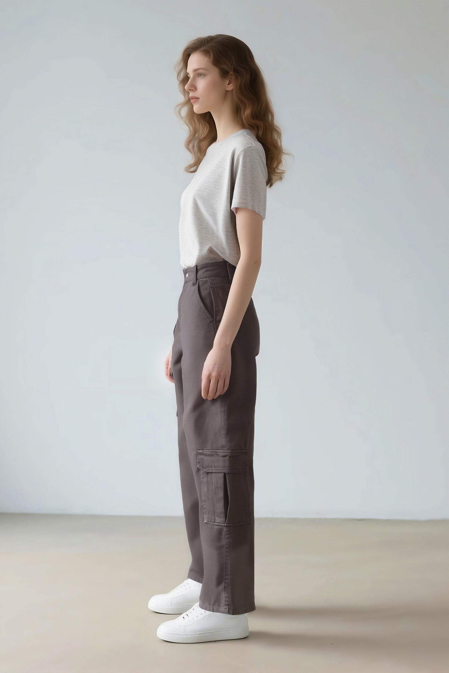 Pantalon Cargo en Gabardine droit à taille normale
