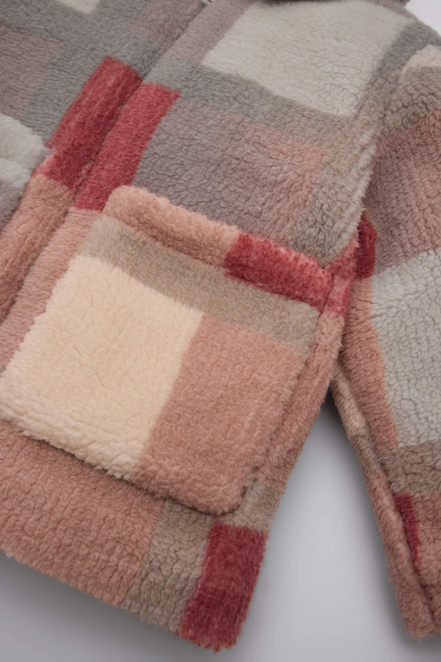 Kız Bebek Gömlek Yaka Fermuarlı Kare Desenli Welsoft Pelüş Hırka