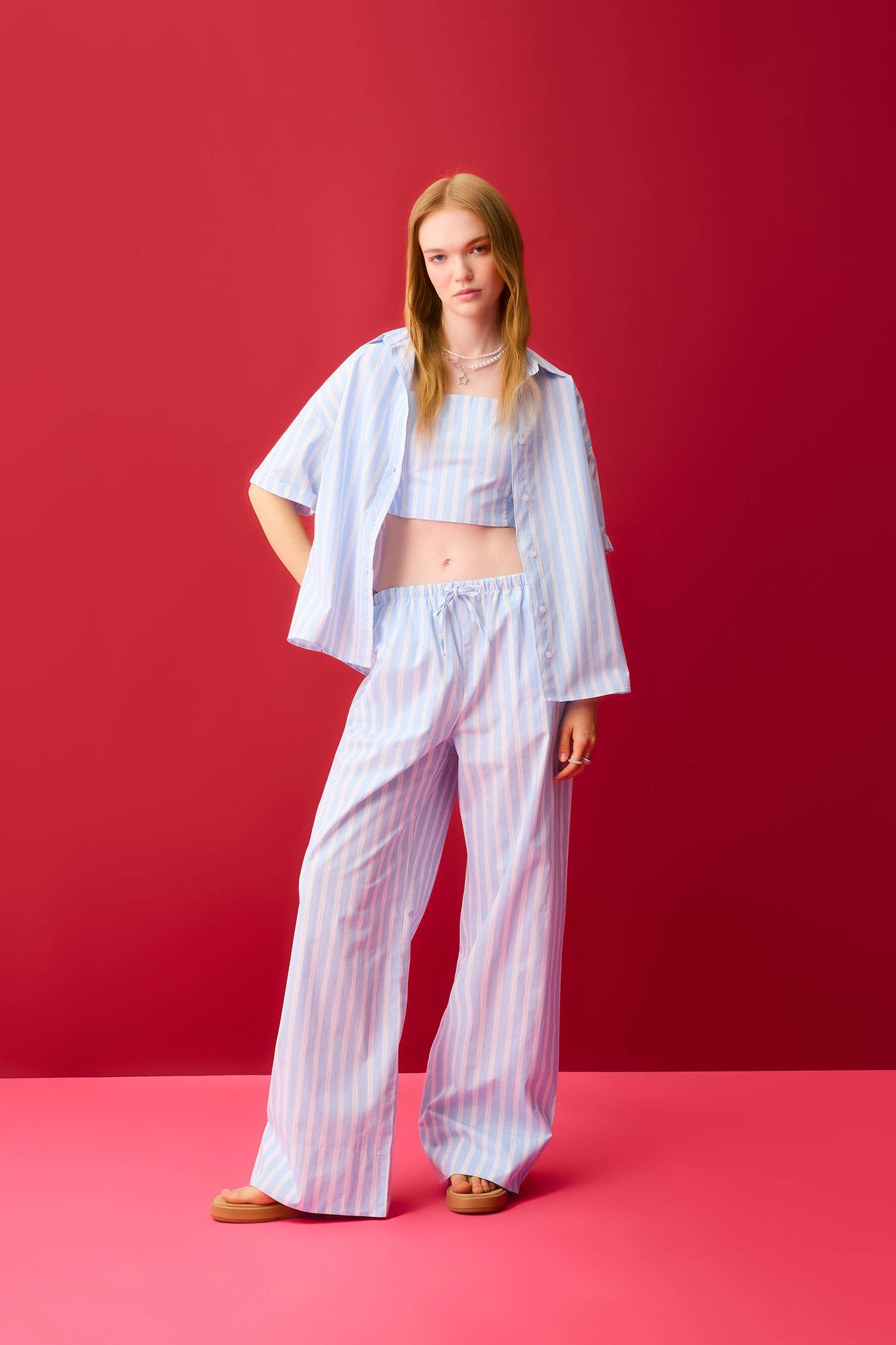 Oversize Fit Striped Poplin Short Sleeve Shirt