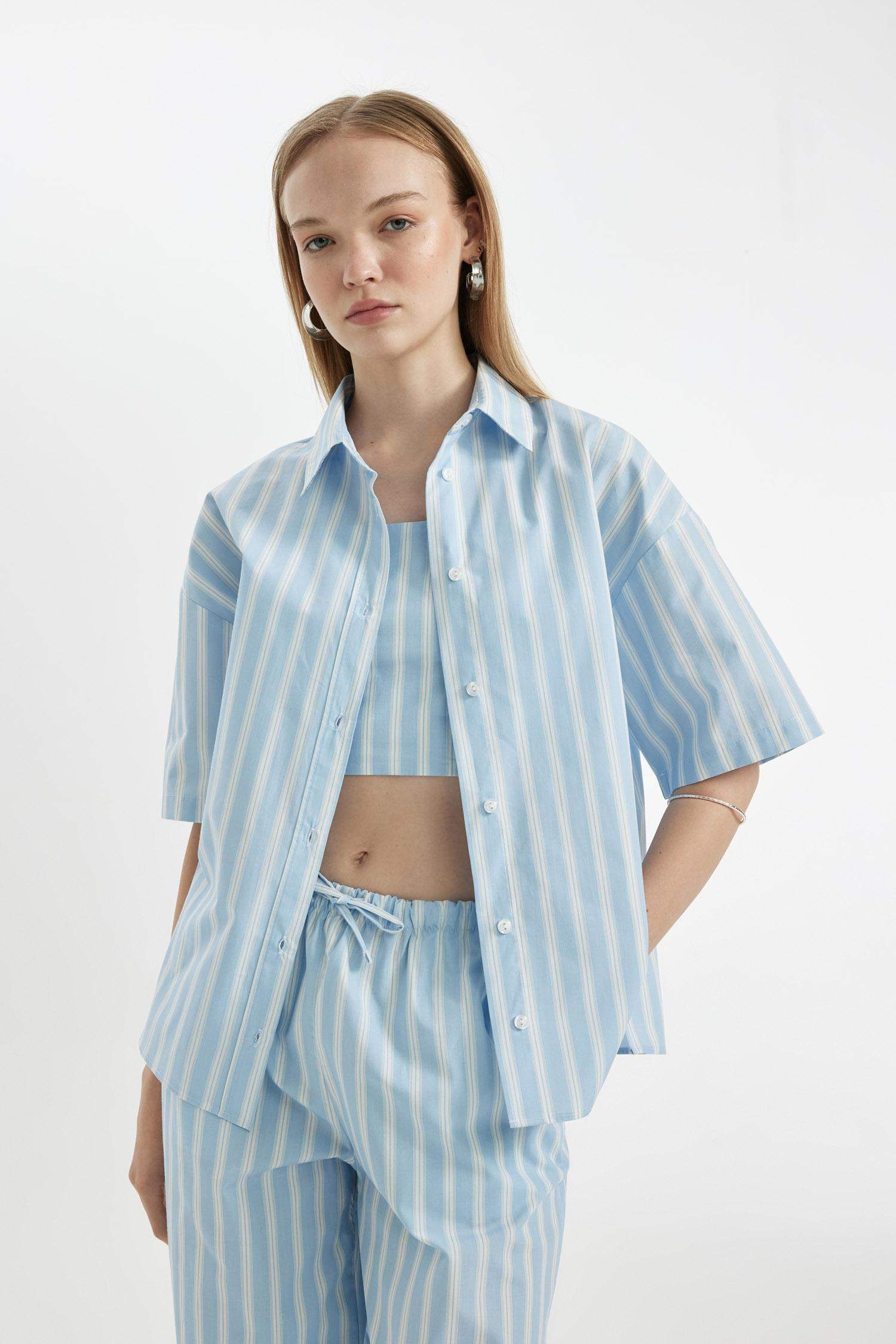 Oversize Fit Striped Poplin Short Sleeve Shirt