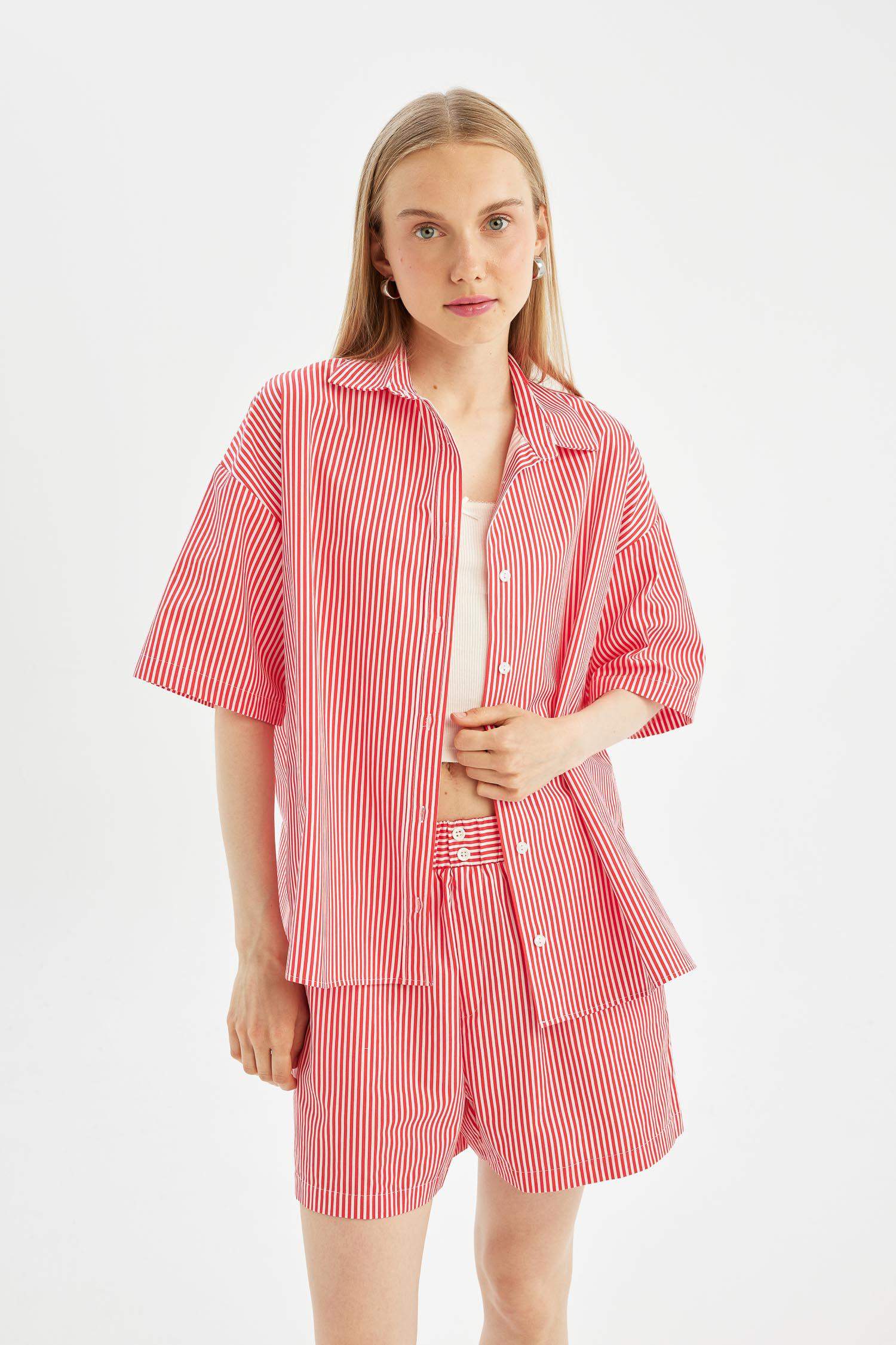 Oversize Striped Poplin Short Sleeve Shirt