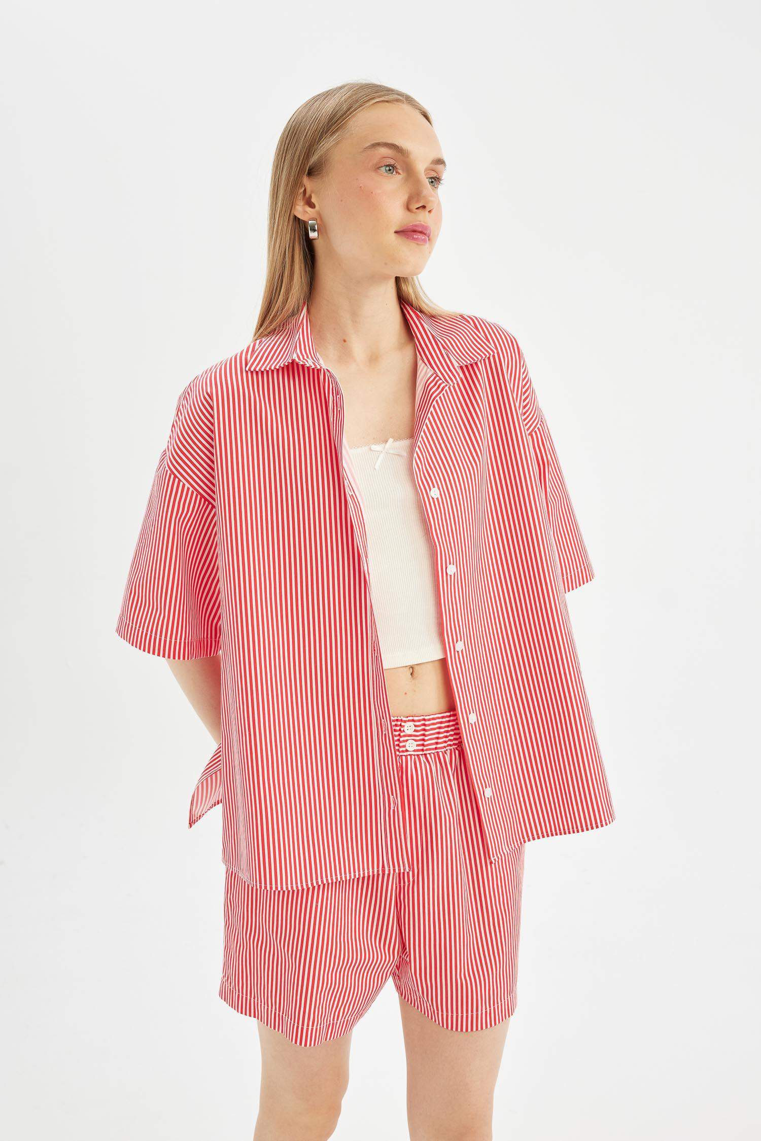 Oversize Striped Poplin Short Sleeve Shirt