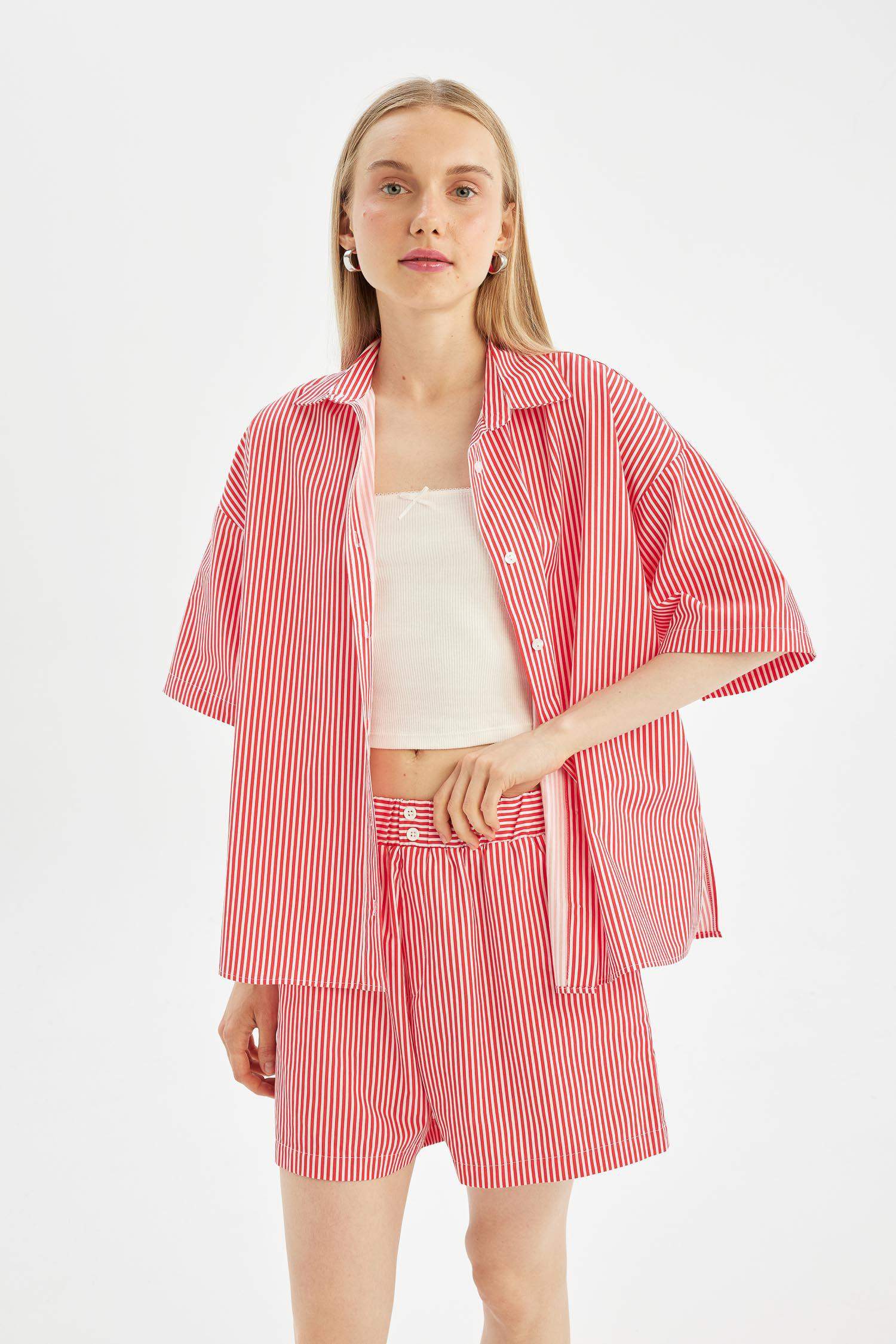 Oversize Striped Poplin Short Sleeve Shirt