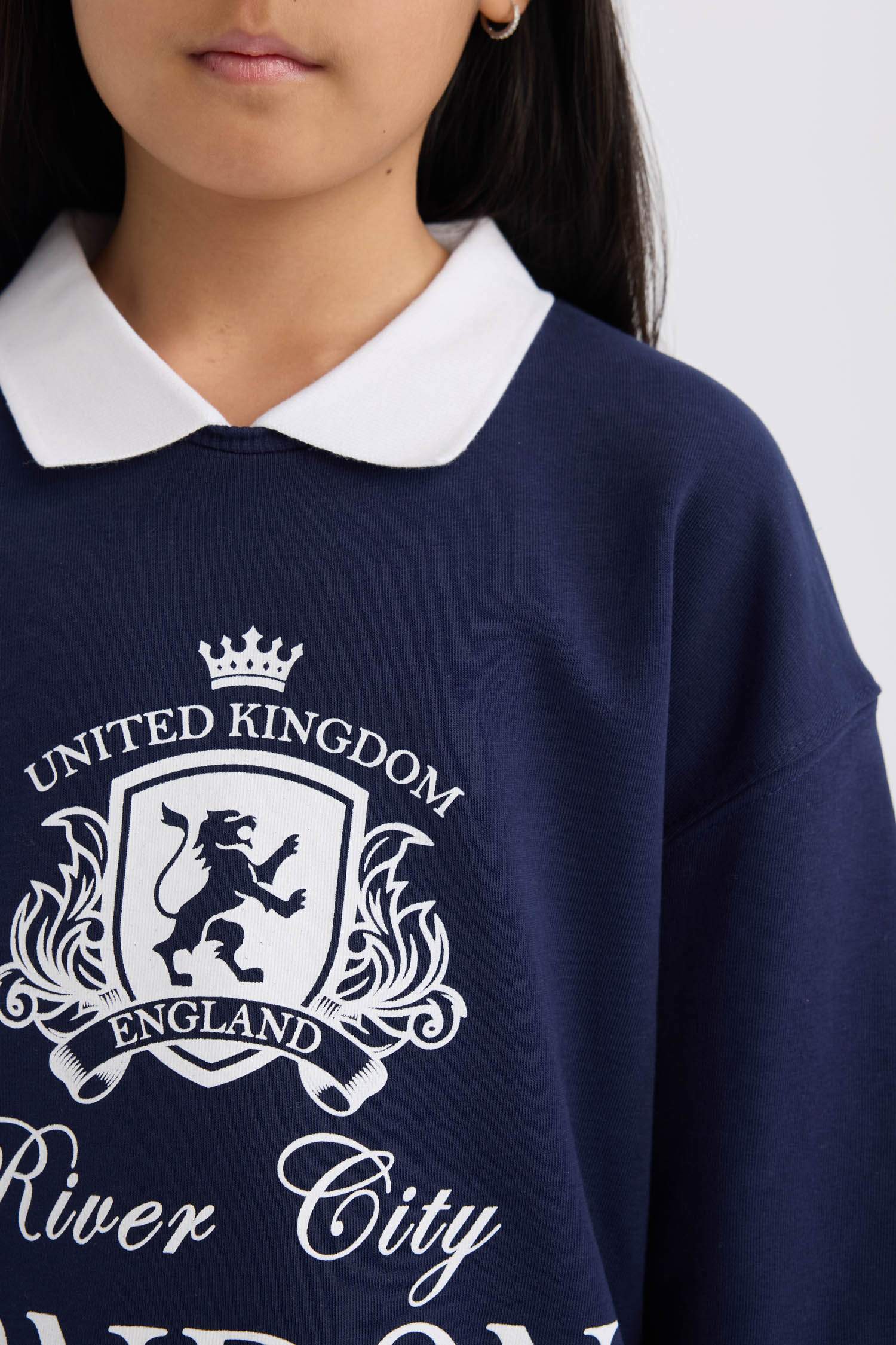 Girl Relax Fit Polo Neck Printed Sweatshirt