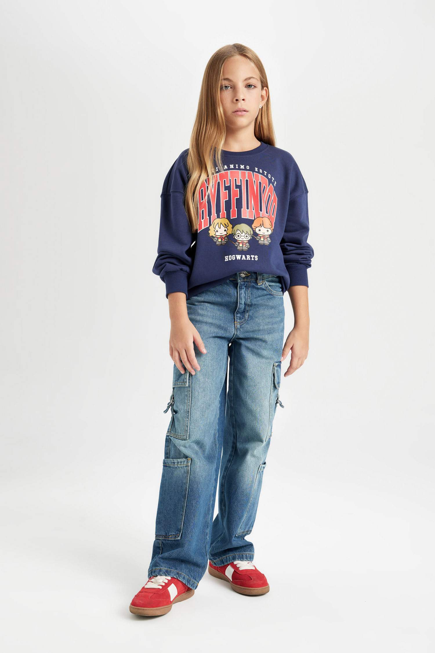 Kız Çocuk Lacivert Harry Potter Relax Fit Bisiklet Yaka Sweatshirt