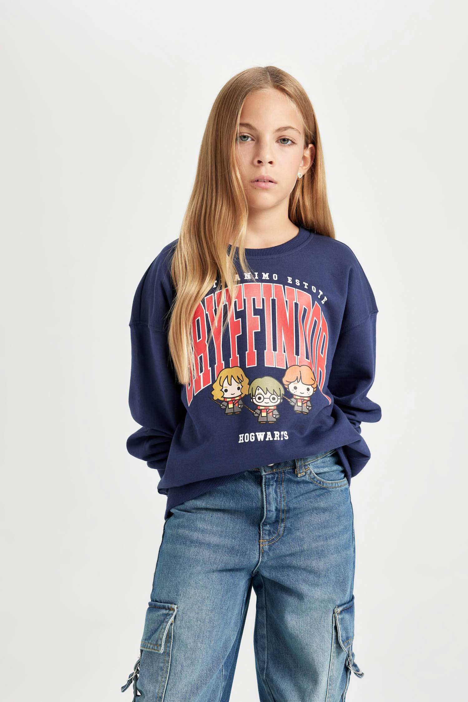 Kız Çocuk Lacivert Harry Potter Relax Fit Bisiklet Yaka Sweatshirt