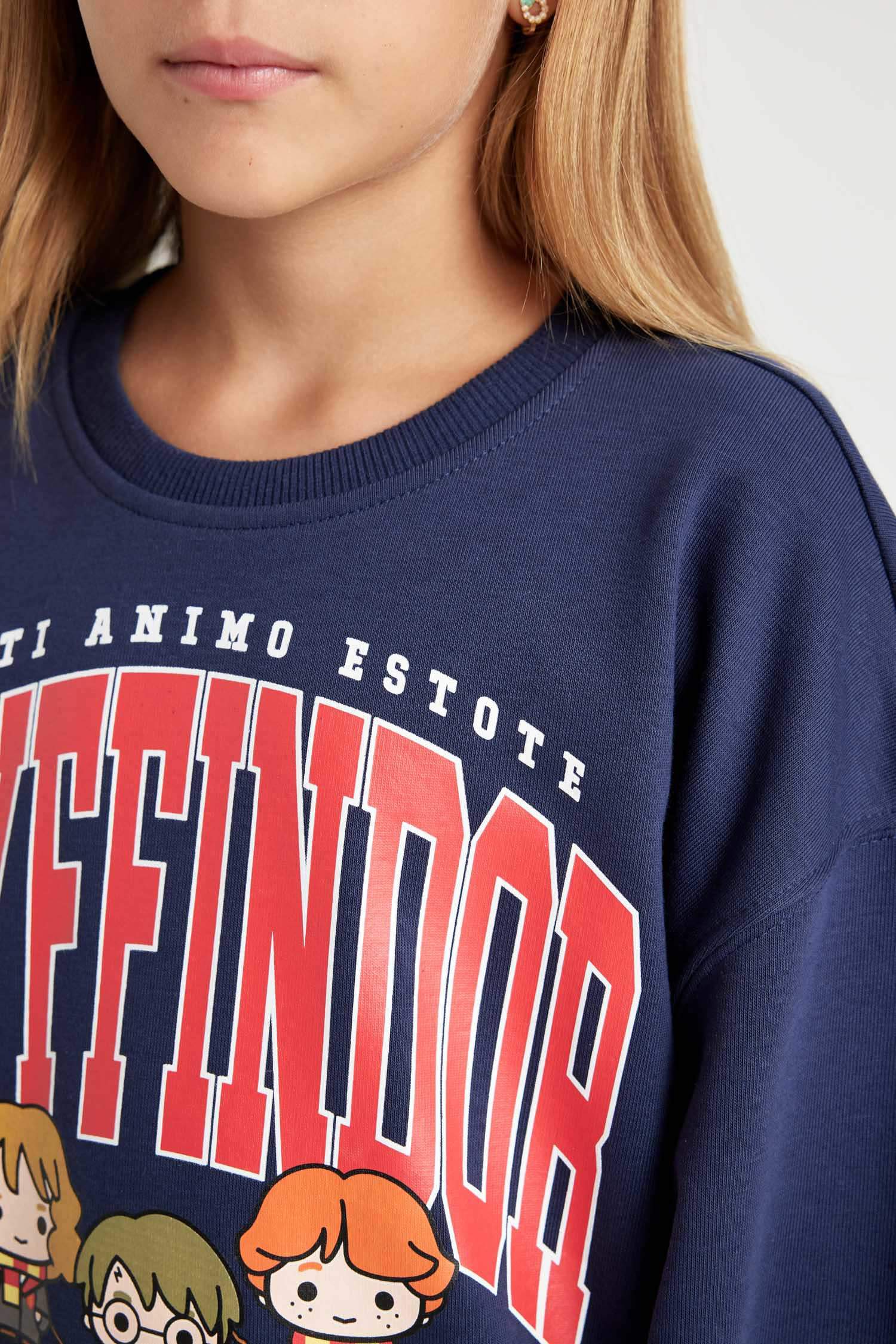 Kız Çocuk Lacivert Harry Potter Relax Fit Bisiklet Yaka Sweatshirt