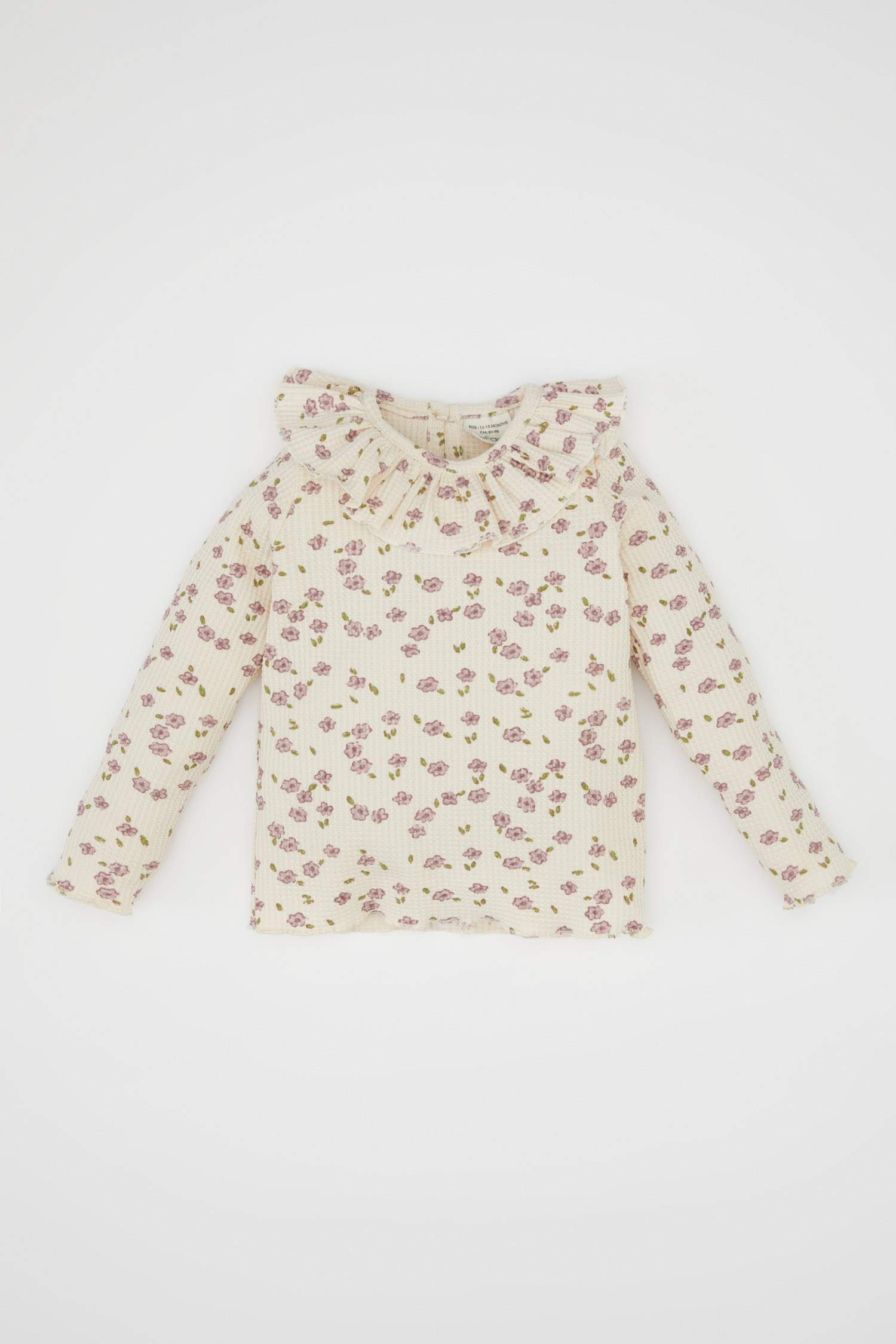 Kız Bebek Fırfırlı Yaka Çiçekli Waffle Uzun Kollu Tişört