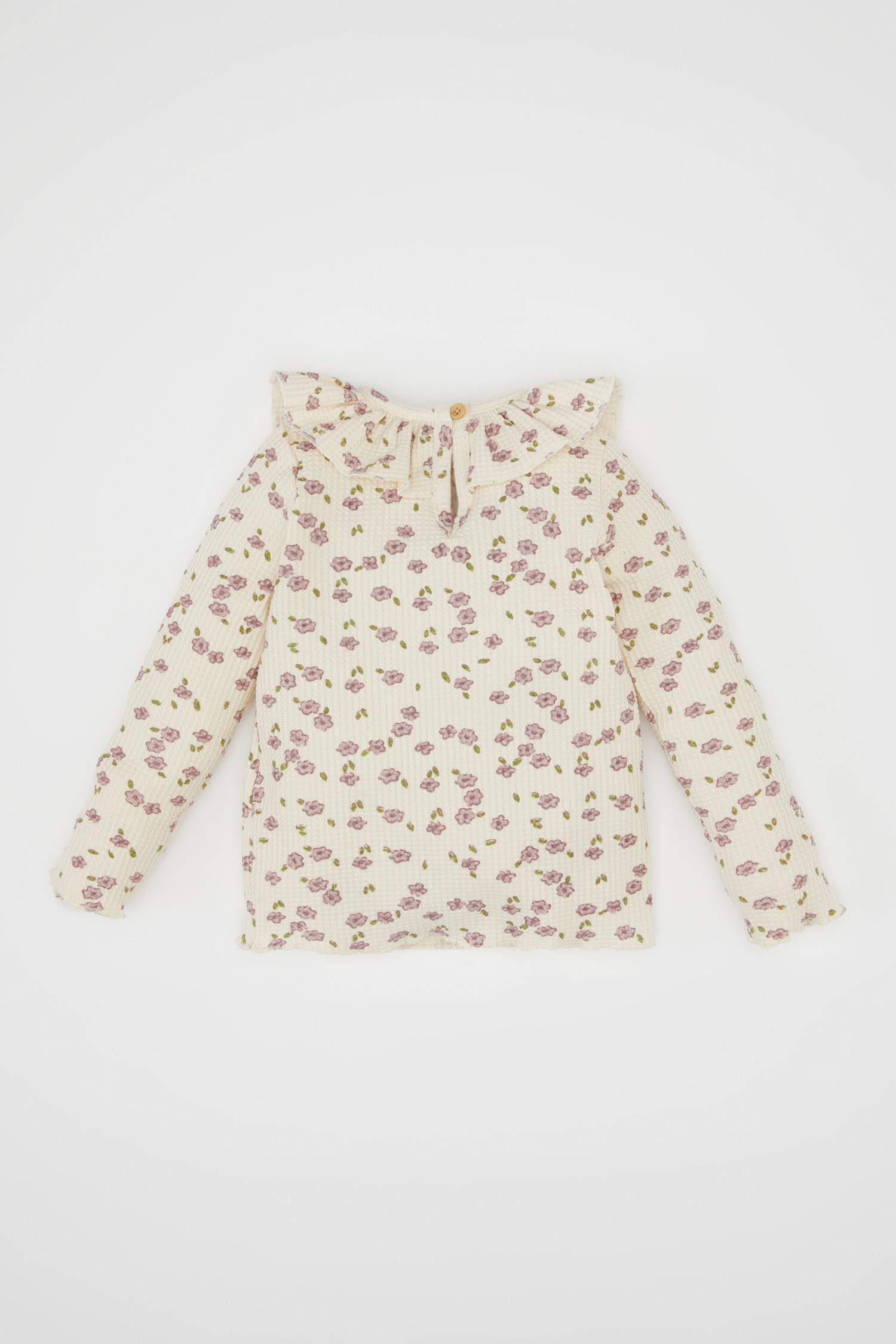 Kız Bebek Fırfırlı Yaka Çiçekli Waffle Uzun Kollu Tişört