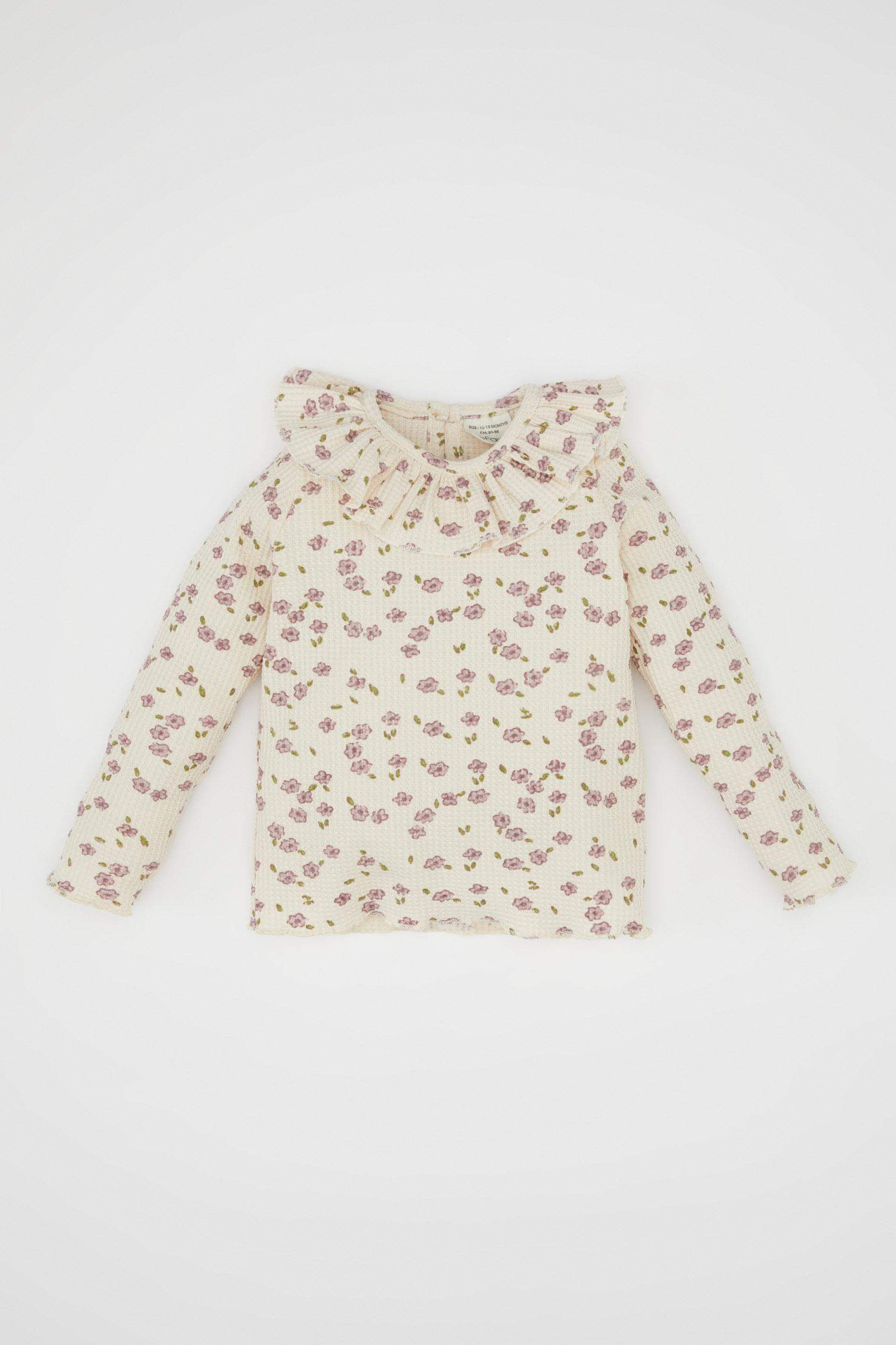 Kız Bebek Fırfırlı Yaka Çiçekli Waffle Uzun Kollu Tişört