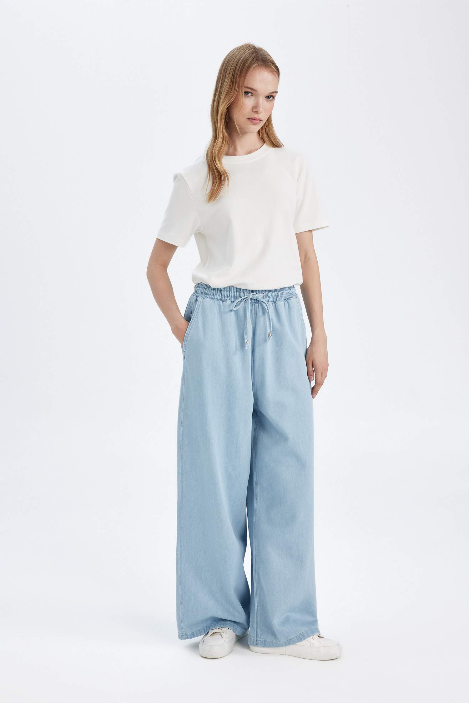 Culotte Yüksek Bel Uzun Yumuşak Jean Yıkamalı Pantolon