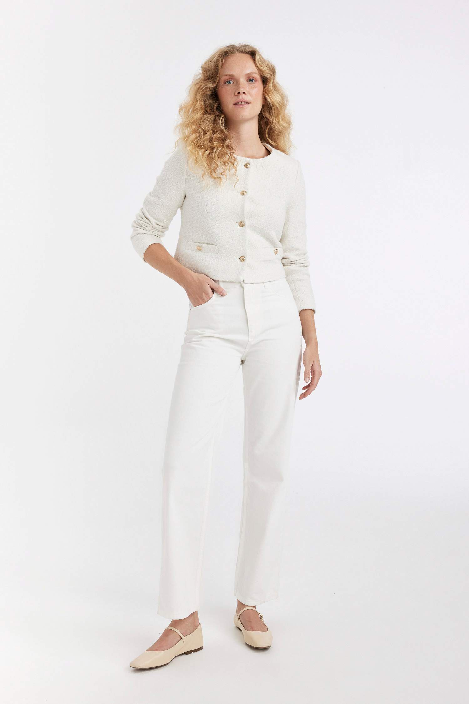 Regular Fit Bisiklet Yaka Tweed Düğmeli Crop Blazer Ceket