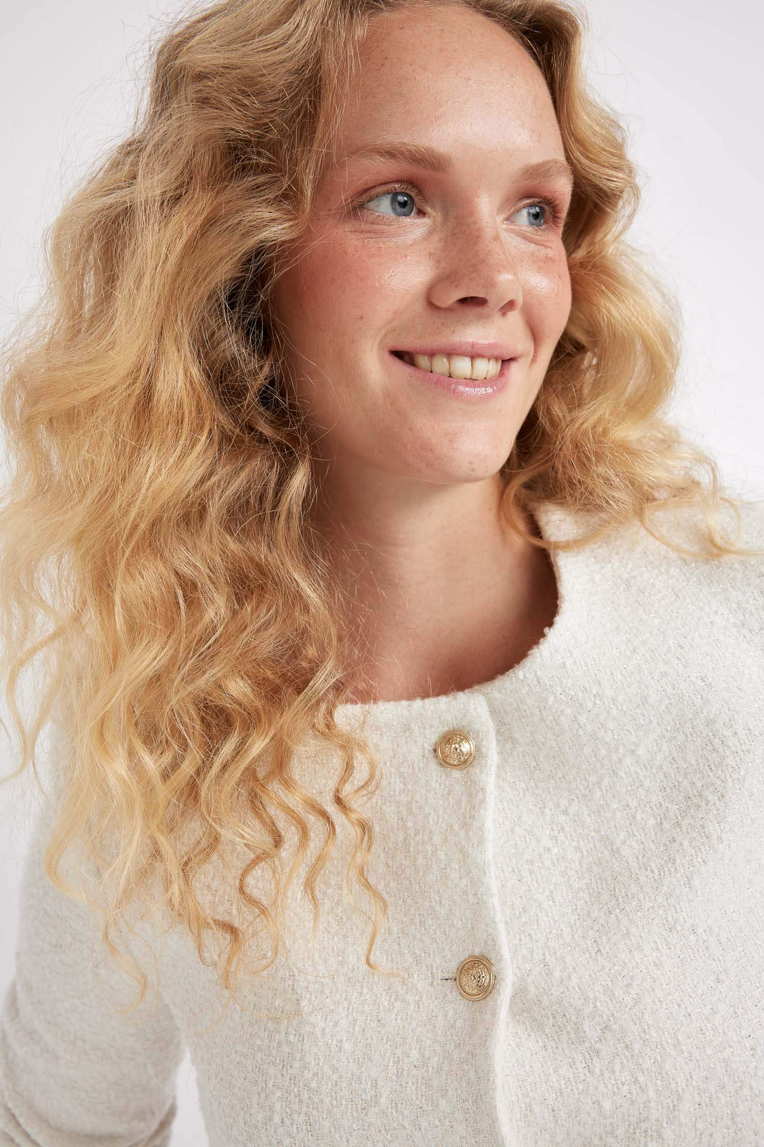 Regular Fit Bisiklet Yaka Tweed Düğmeli Crop Blazer Ceket