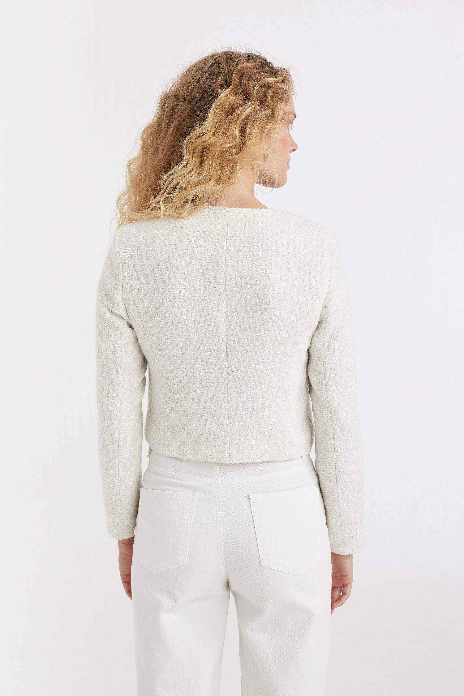 Regular Fit Bisiklet Yaka Tweed Düğmeli Crop Blazer Ceket