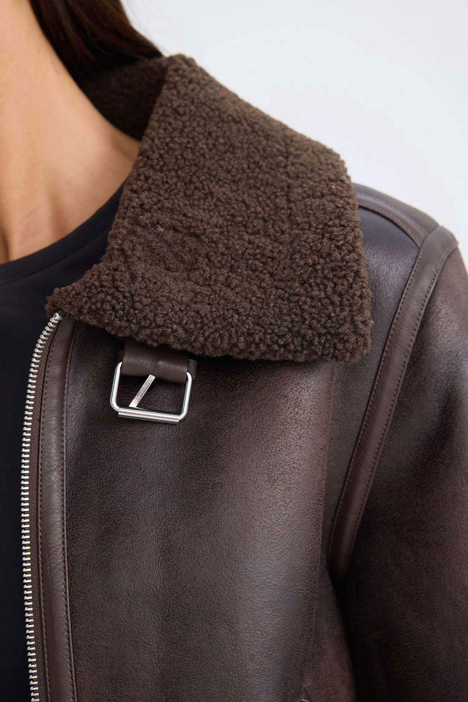 Suni Deri Ceket Mont Pelüş Yaka Astarlı Fermuarlı Cepli Mevsimlik  