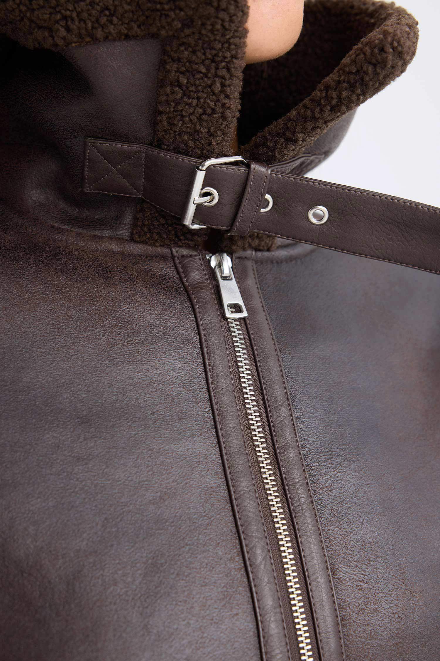 Suni Deri Ceket Mont Pelüş Yaka Astarlı Fermuarlı Cepli Mevsimlik  