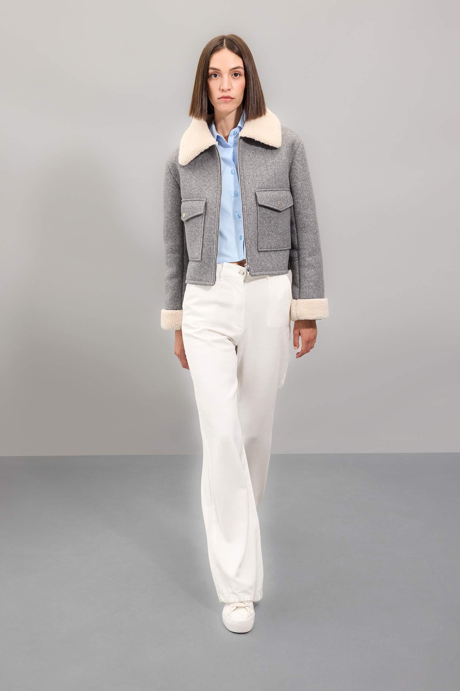 Suni Kürklü Polo Yaka Kısa Kaşe Kaban Fermuarlı Cepli Pelüş Astarlı