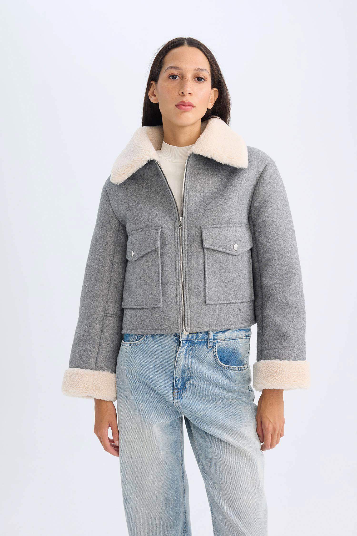 Suni Kürklü Polo Yaka Kısa Kaşe Kaban Fermuarlı Cepli Pelüş Astarlı