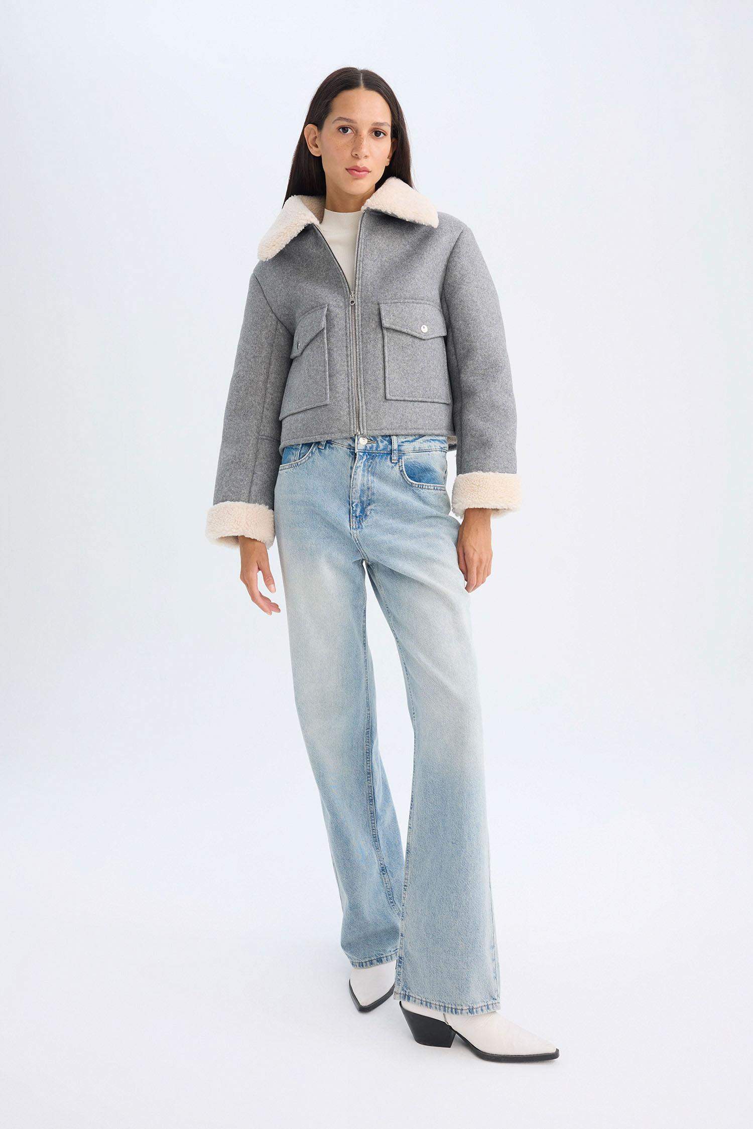 Suni Kürklü Polo Yaka Kısa Kaşe Kaban Fermuarlı Cepli Pelüş Astarlı