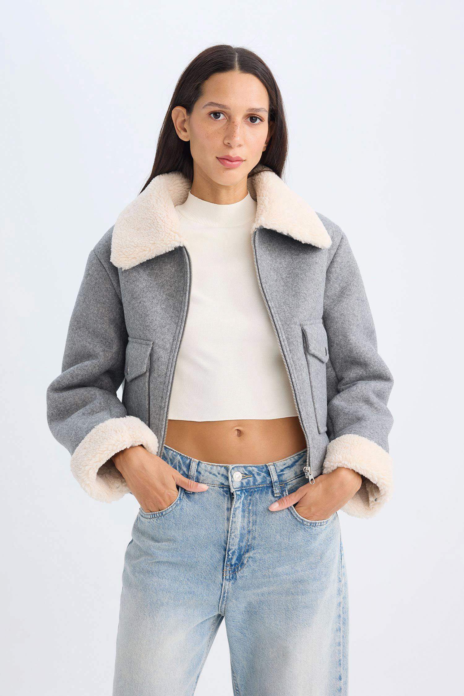 Suni Kürklü Polo Yaka Kısa Kaşe Kaban Fermuarlı Cepli Pelüş Astarlı