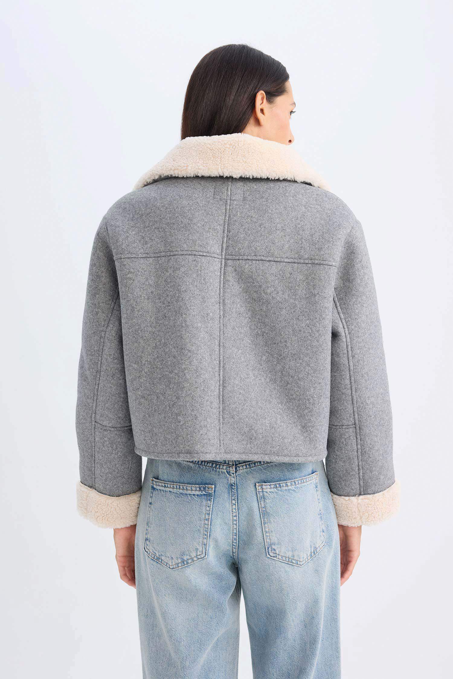 Suni Kürklü Polo Yaka Kısa Kaşe Kaban Fermuarlı Cepli Pelüş Astarlı