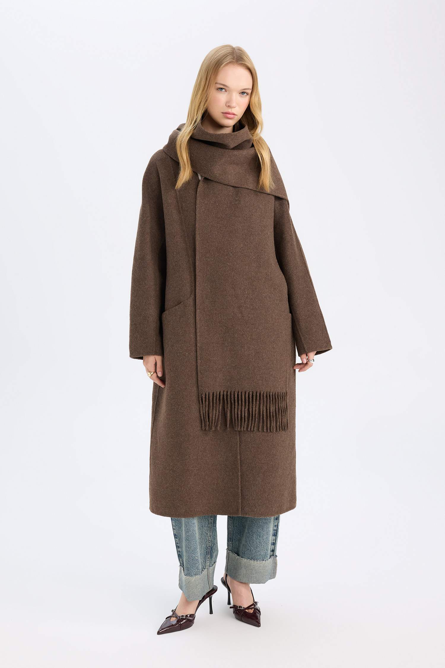 Yün Karışımlı 2'li Takım Cepli Düğmeli Uzun Kaşe Kaban Şal