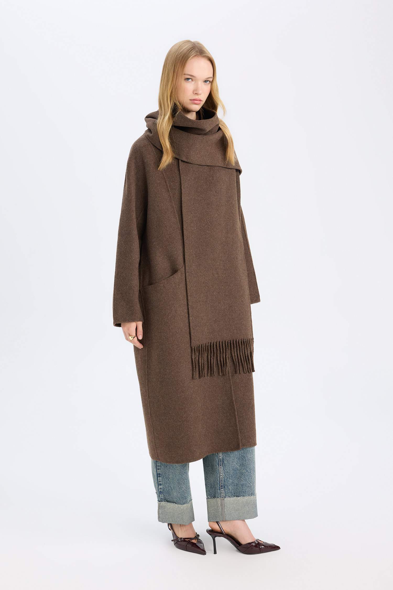 Yün Karışımlı 2'li Takım Cepli Düğmeli Uzun Kaşe Kaban Şal