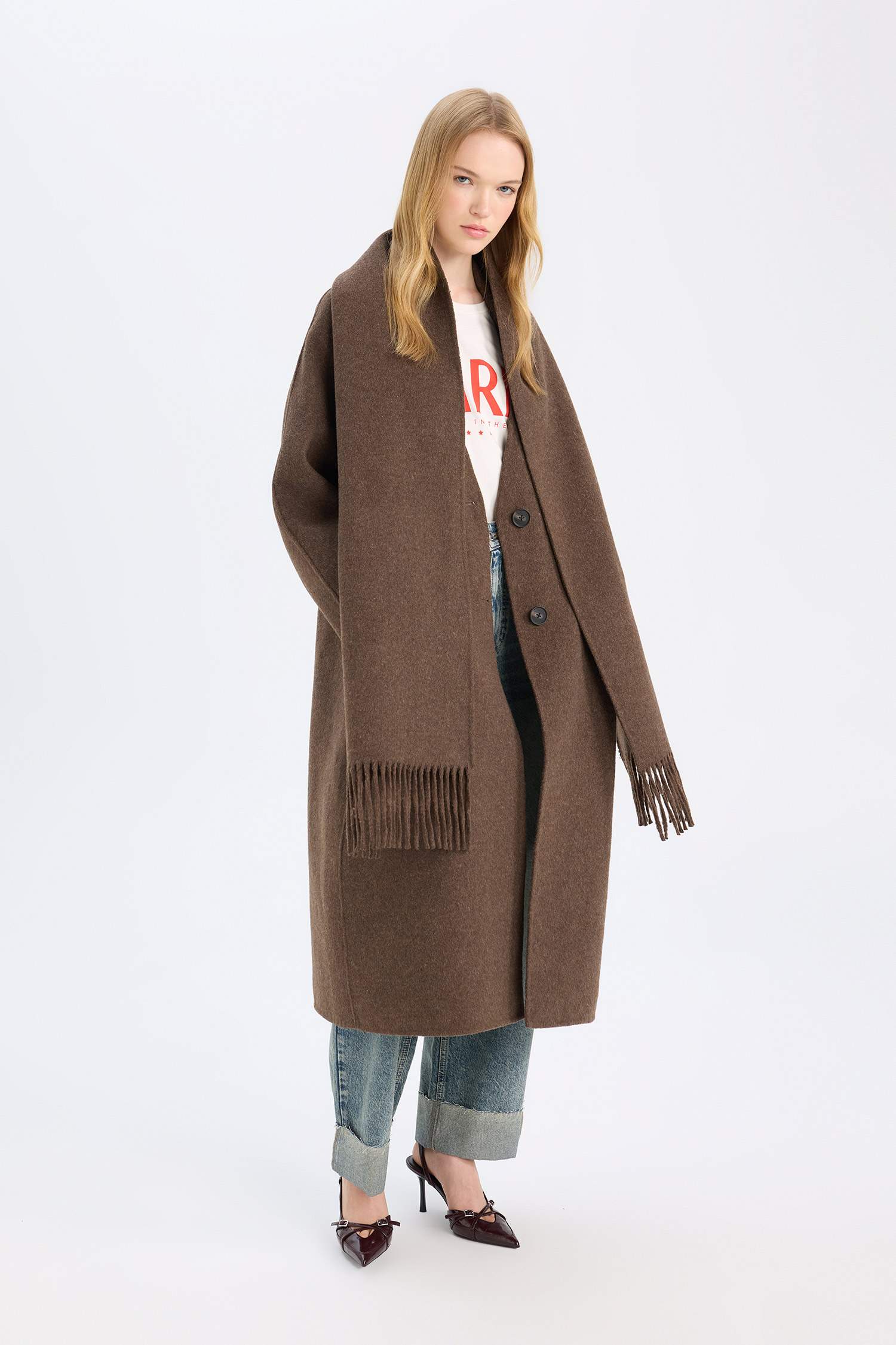 Yün Karışımlı 2'li Takım Cepli Düğmeli Uzun Kaşe Kaban Şal