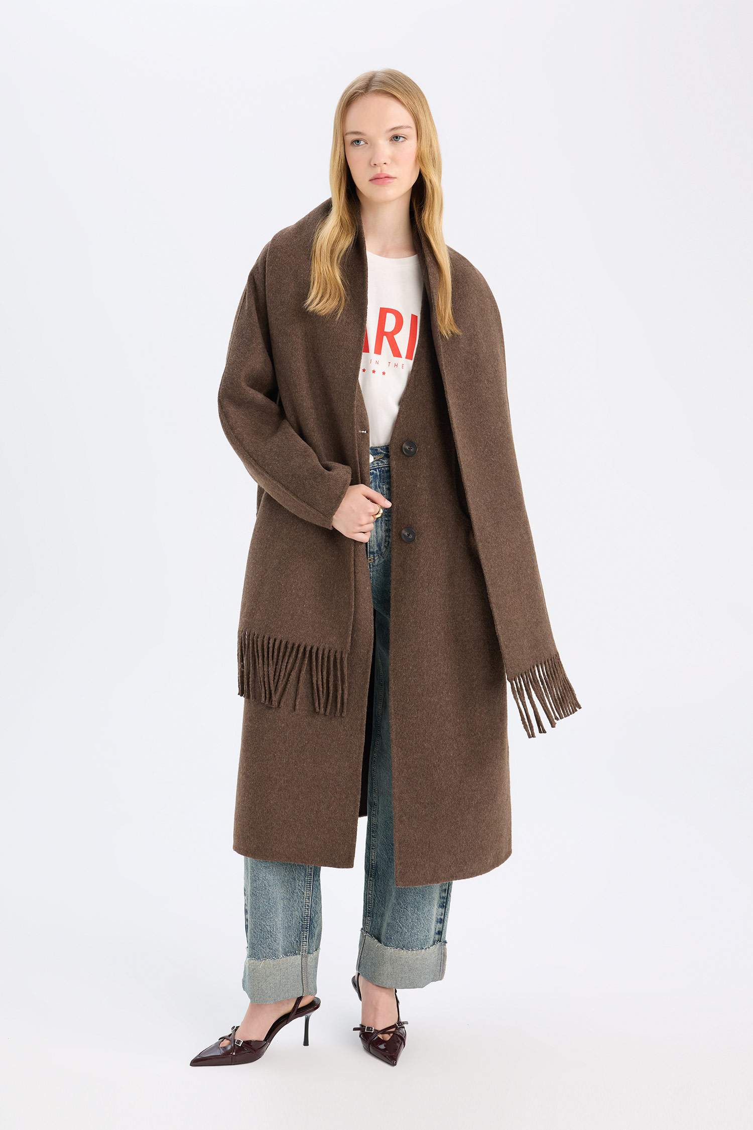 Yün Karışımlı 2'li Takım Cepli Düğmeli Uzun Kaşe Kaban Şal