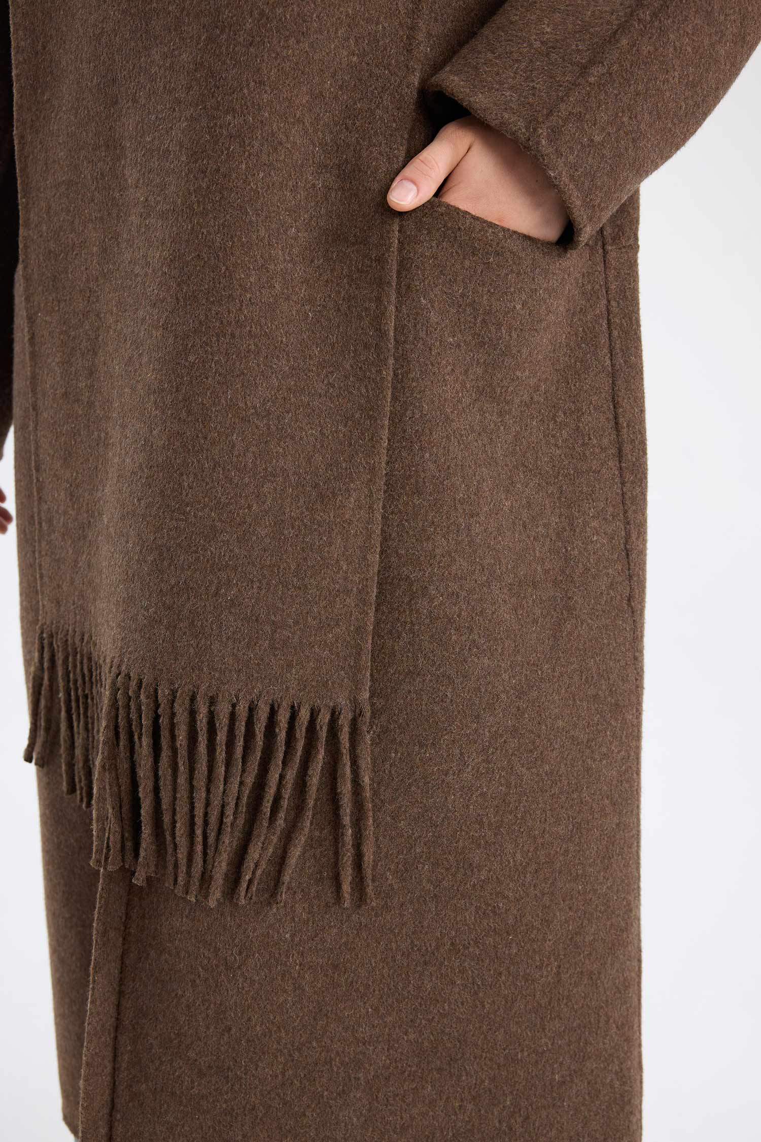 Yün Karışımlı 2'li Takım Cepli Düğmeli Uzun Kaşe Kaban Şal