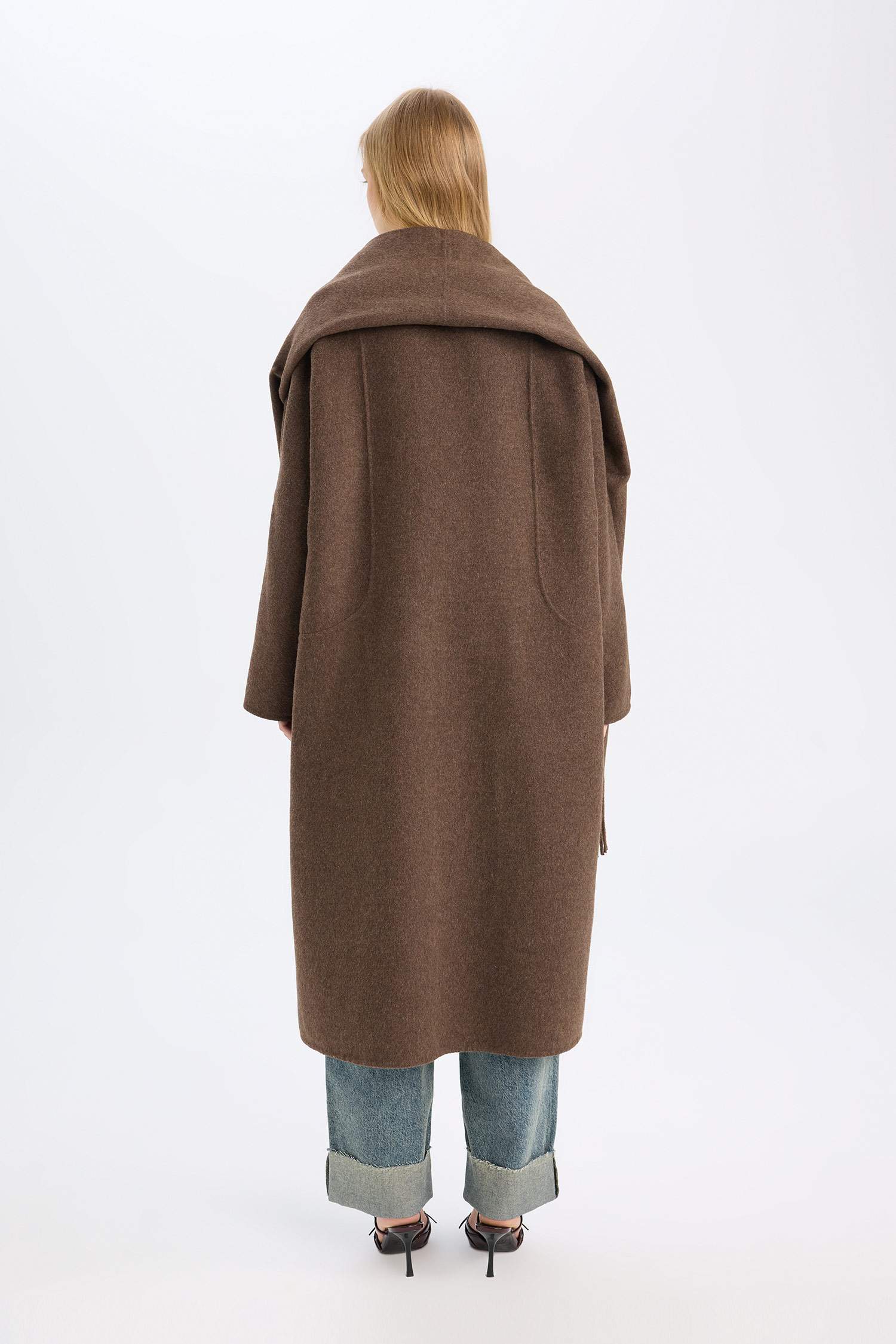 Yün Karışımlı 2'li Takım Cepli Düğmeli Uzun Kaşe Kaban Şal