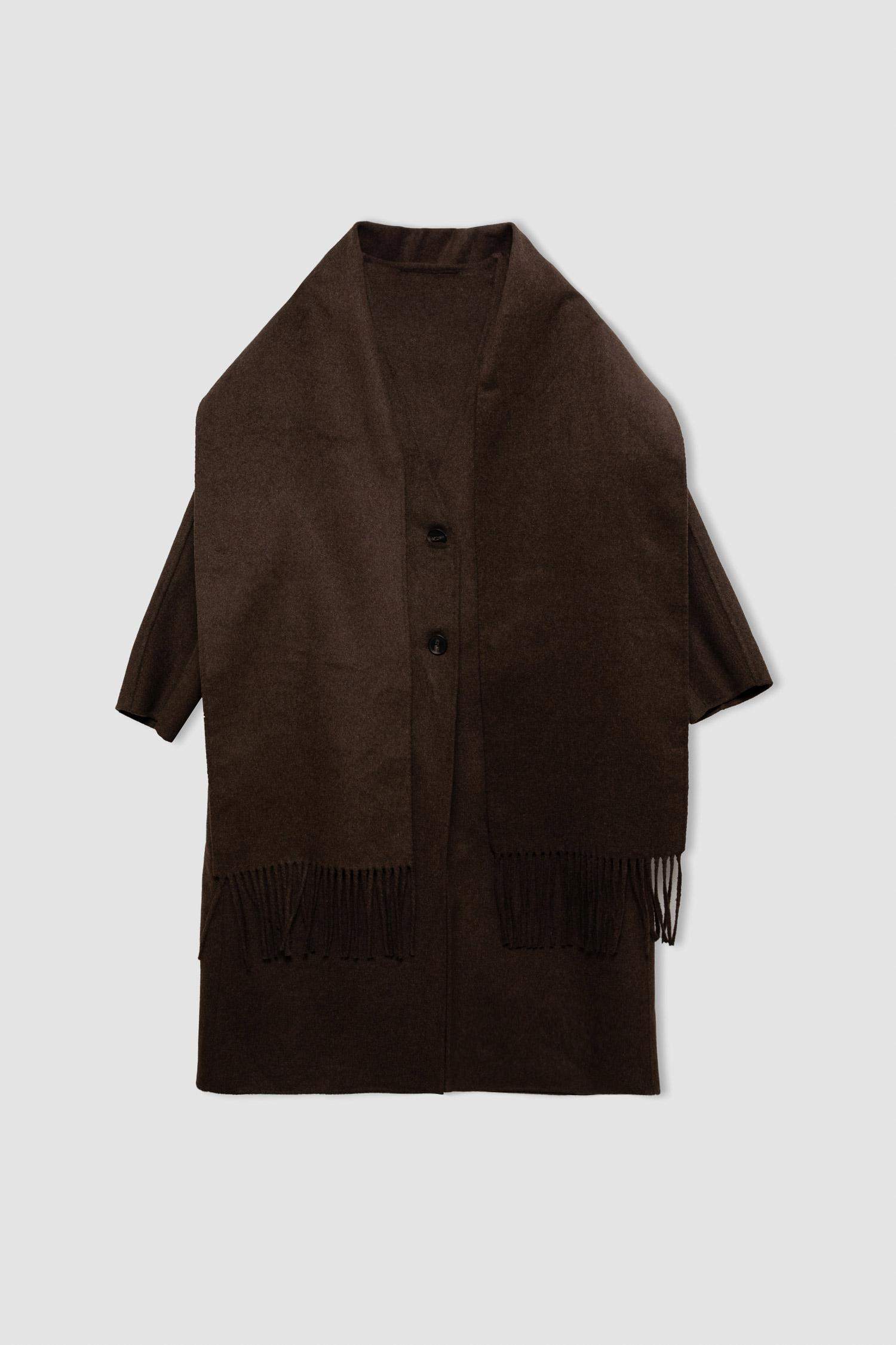 Yün Karışımlı 2'li Takım Cepli Düğmeli Uzun Kaşe Kaban Şal