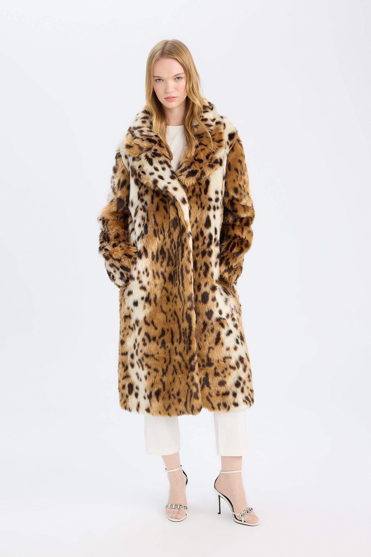 Relax Fit Leopar Desenli Ceket Yaka Cepli Uzun Suni Kürk Kaban