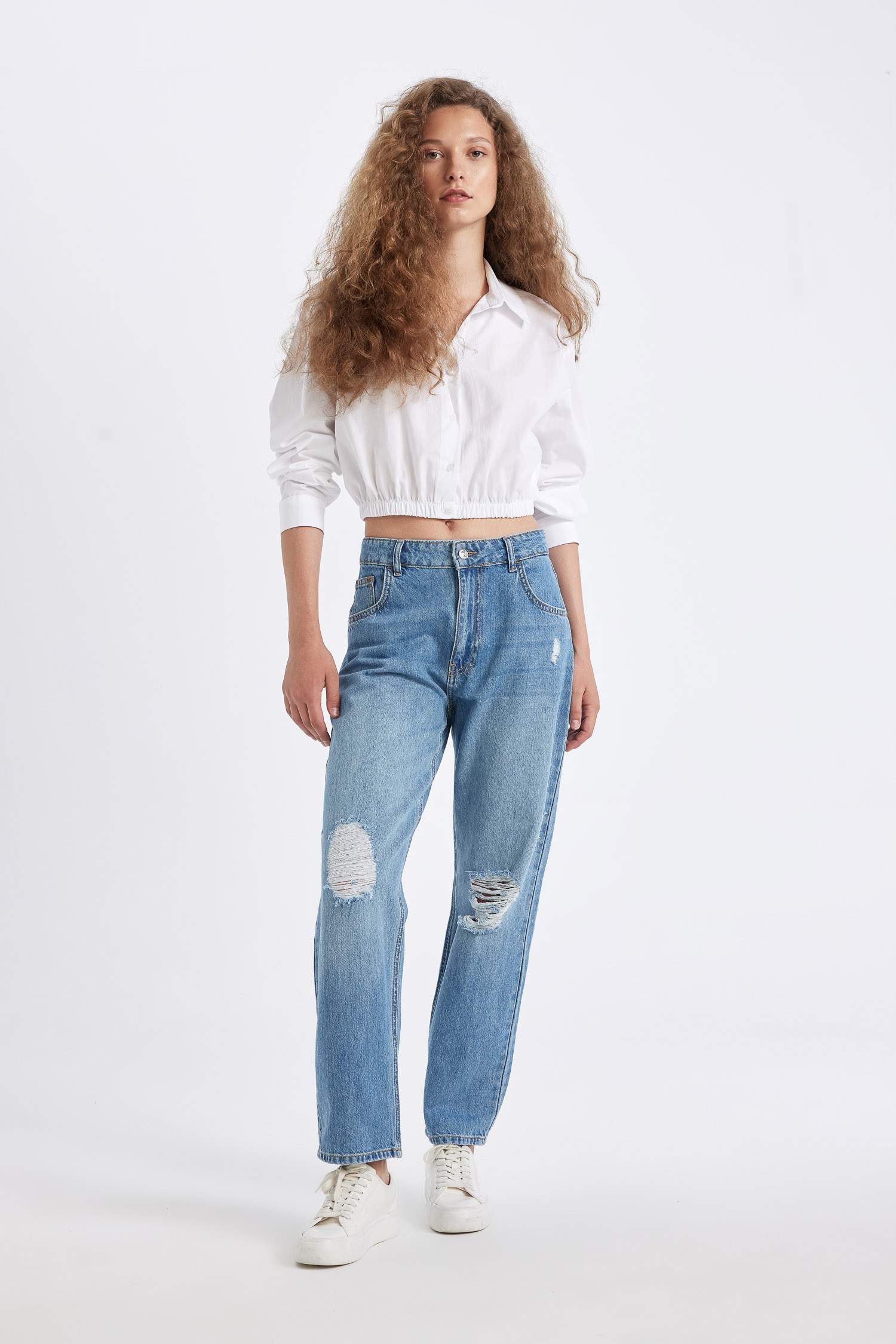 Oversize Geniş Kalıp Basic Düz Etek Ucu Lastikli Poplin Uzun Kollu Gömlek