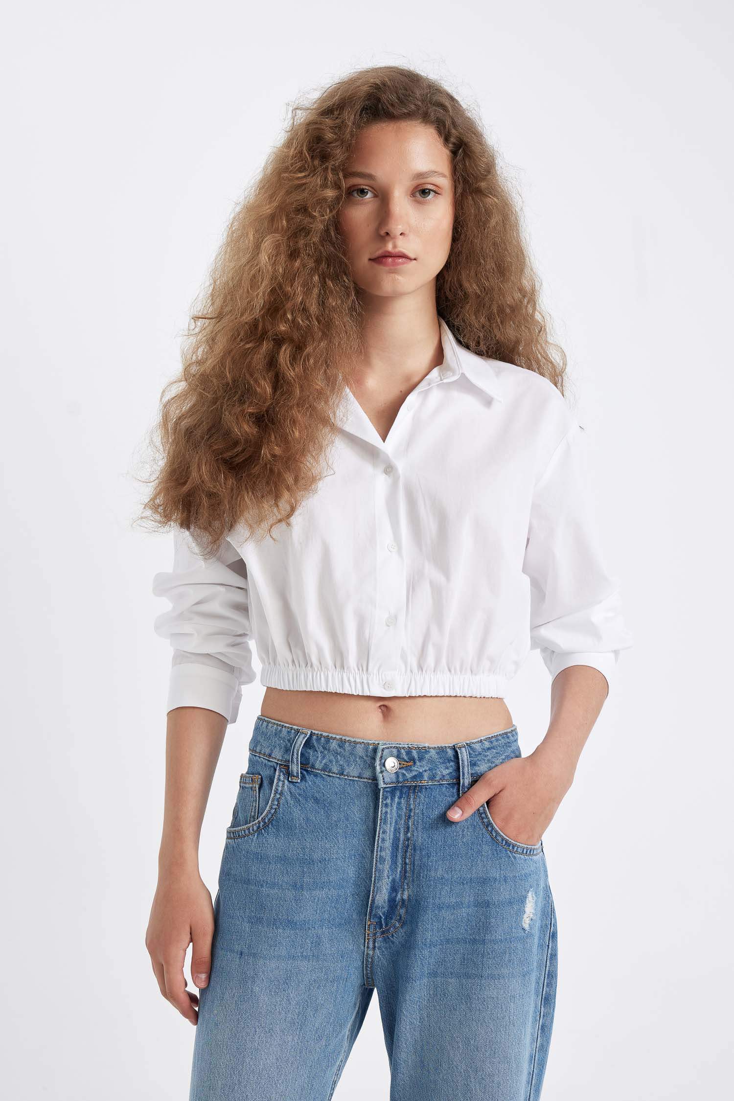 Oversize Geniş Kalıp Basic Düz Etek Ucu Lastikli Poplin Uzun Kollu Gömlek