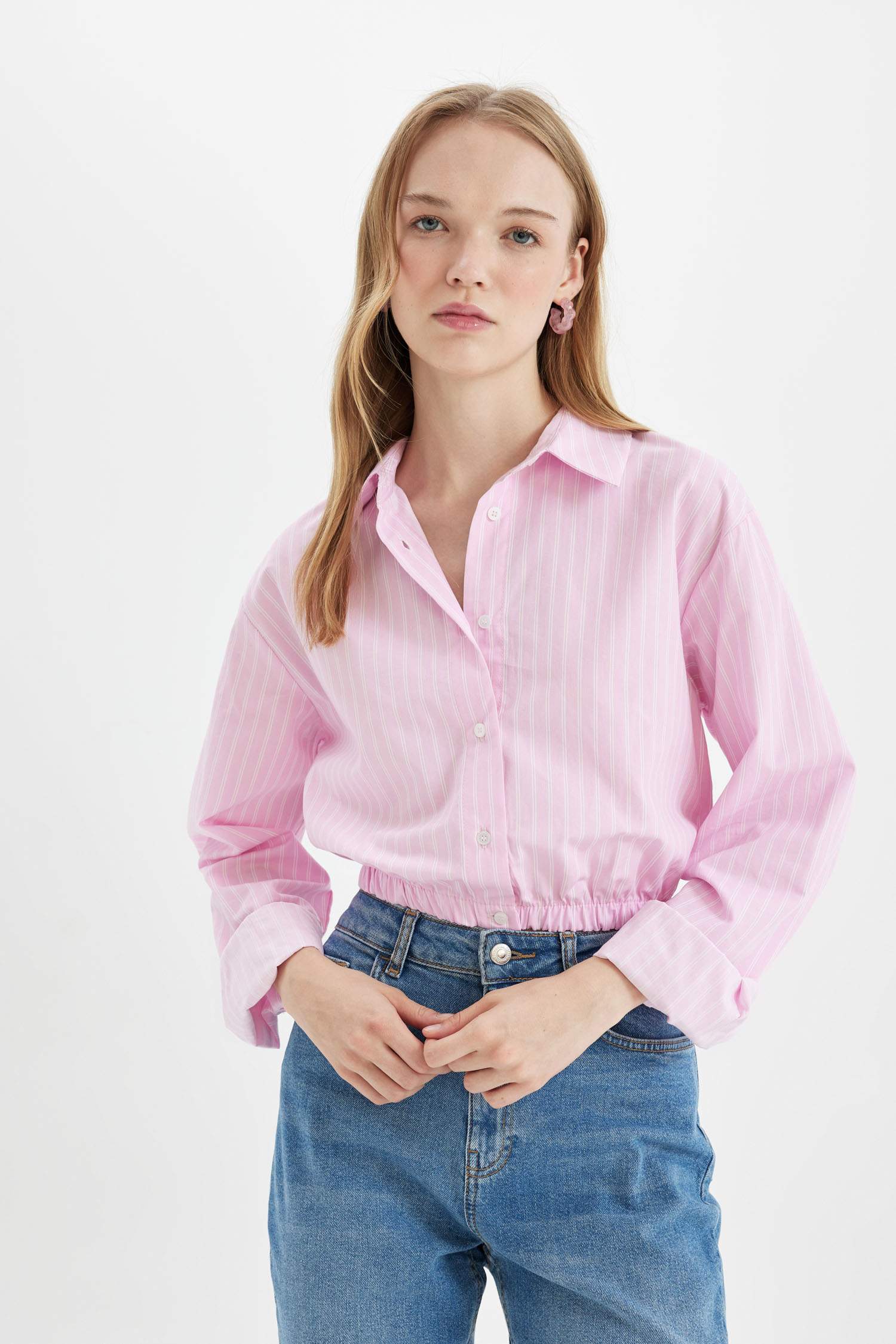 Oversize Geniş Kalıp Çizgili Etek Ucu Lastikli Poplin Uzun Kollu Gömlek