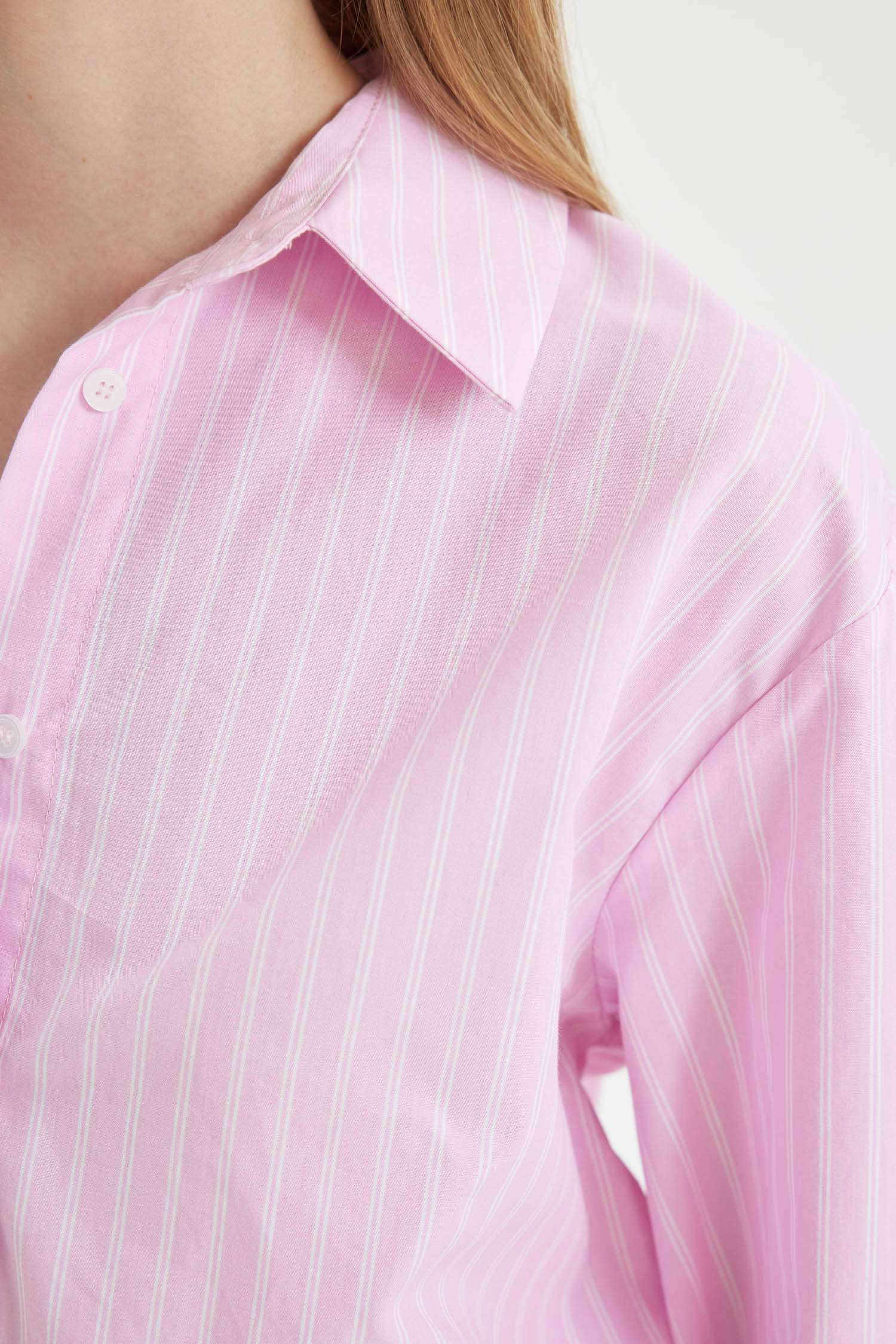 Oversize Geniş Kalıp Çizgili Etek Ucu Lastikli Poplin Uzun Kollu Gömlek