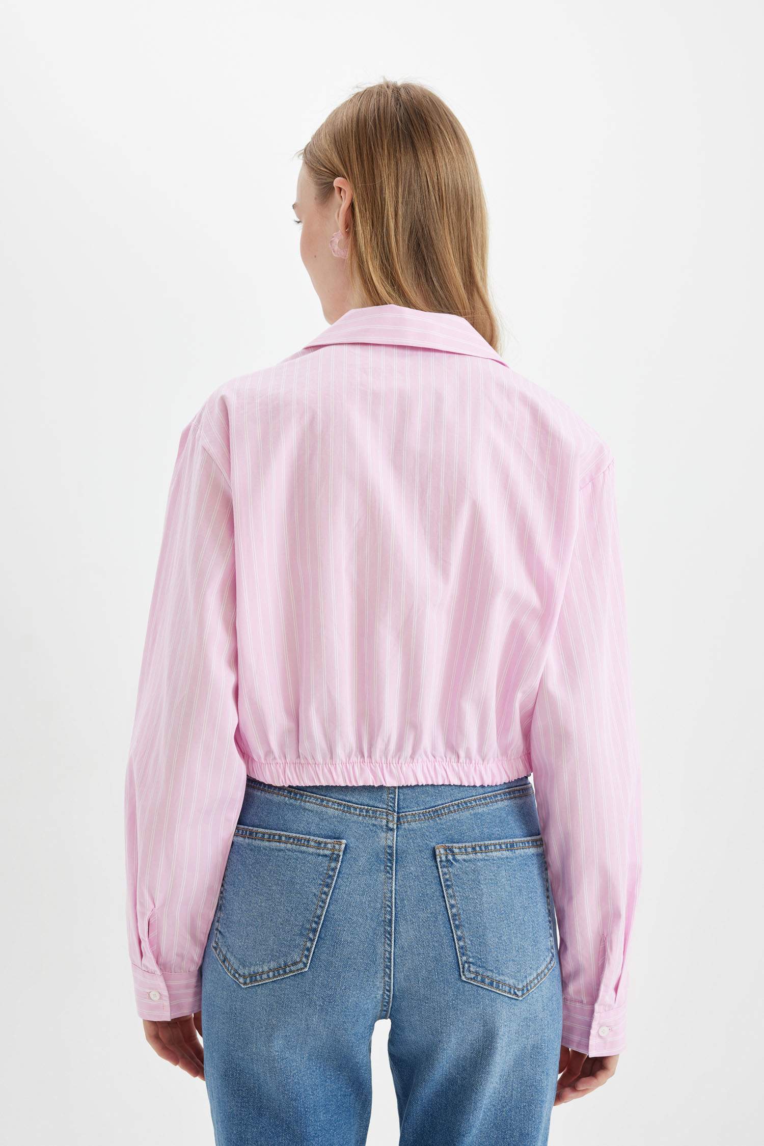 Oversize Geniş Kalıp Çizgili Etek Ucu Lastikli Poplin Uzun Kollu Gömlek