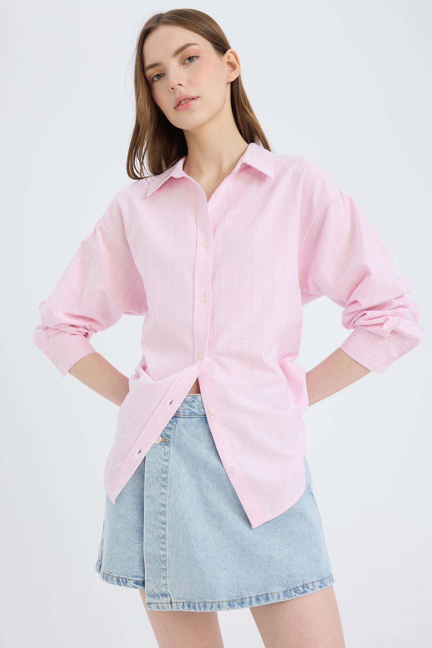 Oversize Geniş Kalıp Çizgili Oxford Uzun Kollu Gömlek