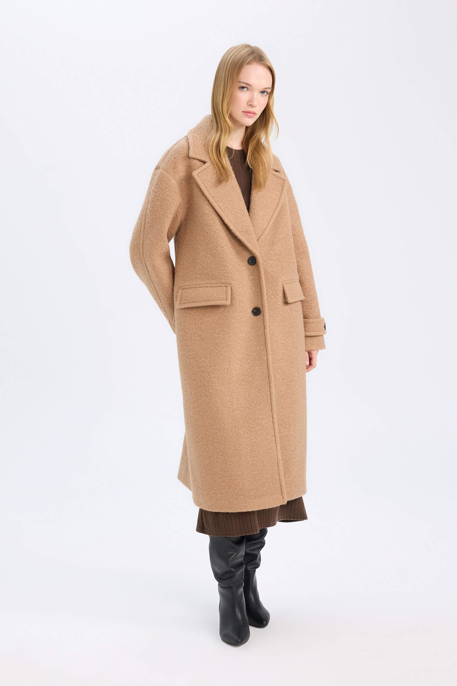 Regular Fit Uzun Kaşe Kaban Apoletli Ceket Yaka Cepli Düğmeli